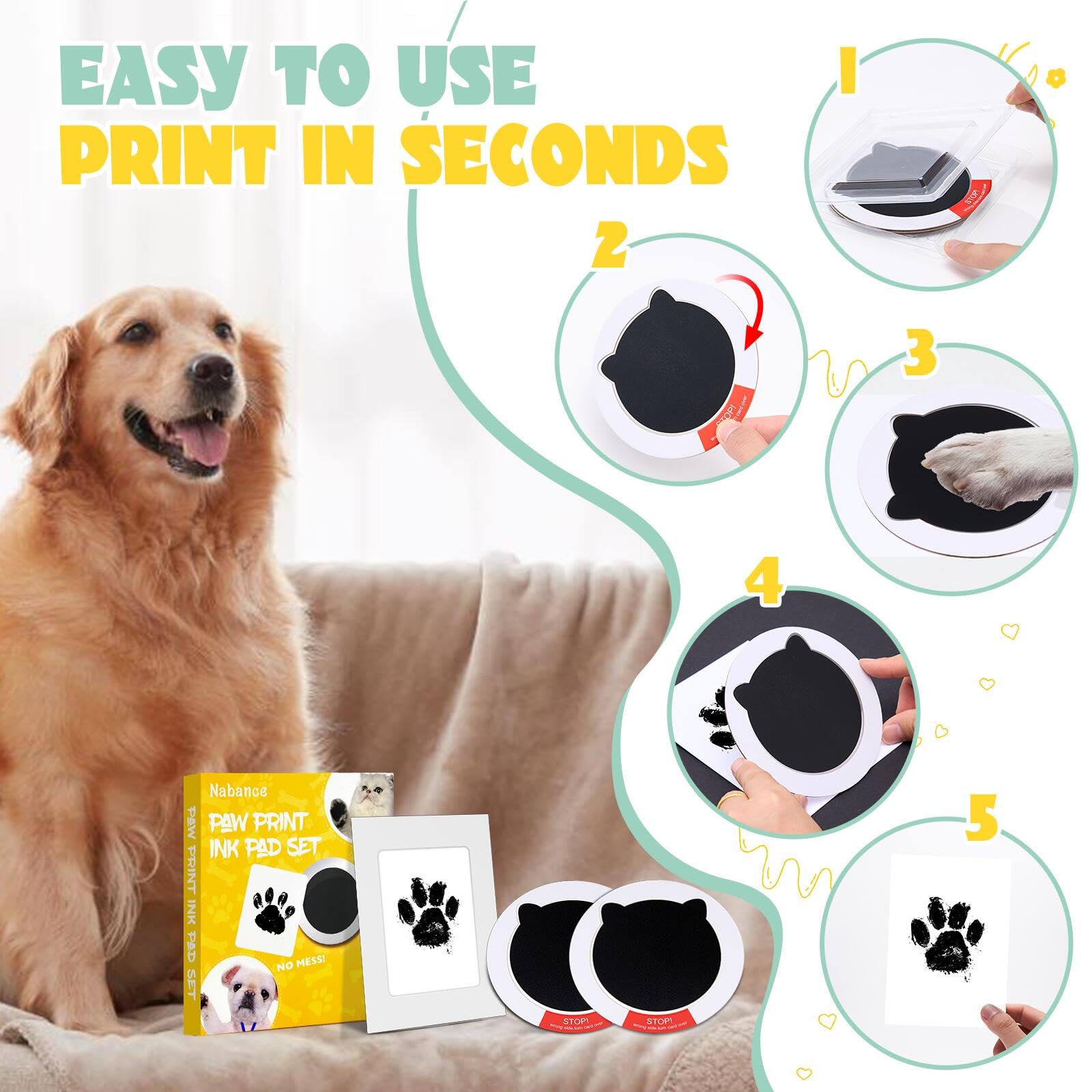 Nabance Paw Print Kit, Dog Nose Print Kit, Mess-Free Paw Print Ink Pads, 8Pcs Pet Paw Print Impression Kit with Photo Frames, Sa