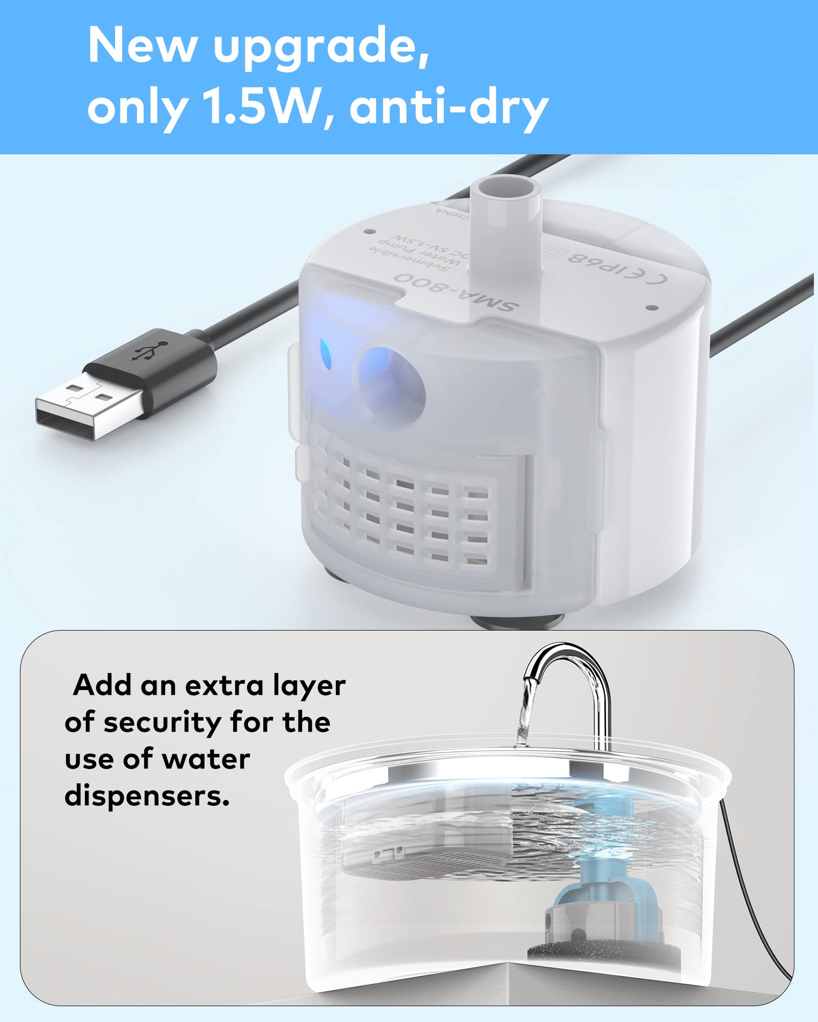 New Upgrade Water Pump For Cat Water Fountain, Qiuoio Water Pump For Stainless Steel Cat Fountains, Extremely Quiet (=30Db), Low Power Consumption (1.5W), Built-In Led Light, Suitable For S3