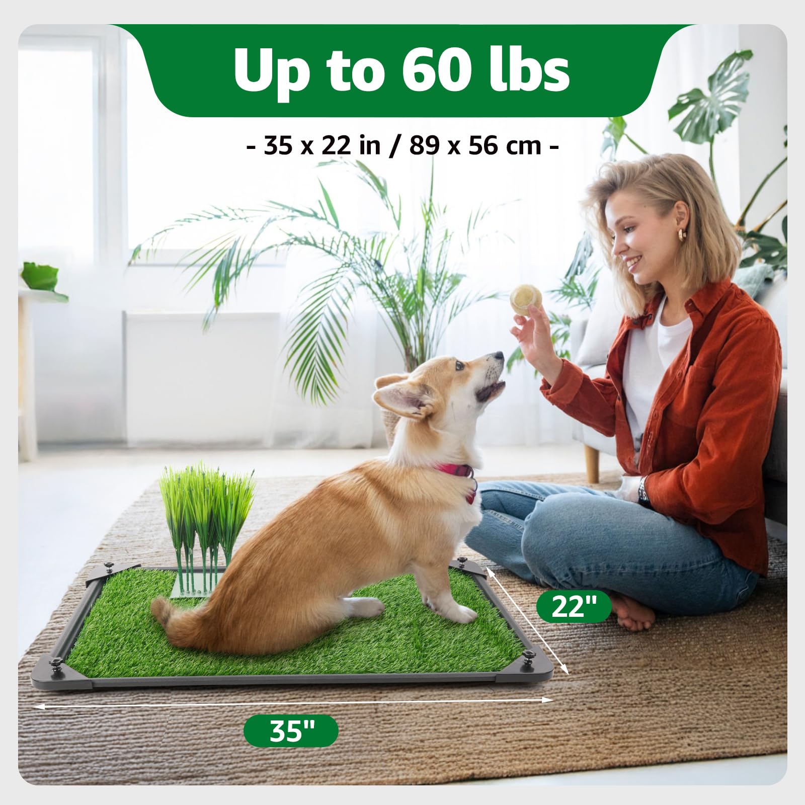 35'X22' Dog Grass Pad With Tray - Artificial Grass Turf For Dogs, Waterproof Non-Slip Washable Pee Pad, Fake Pee Post For Male