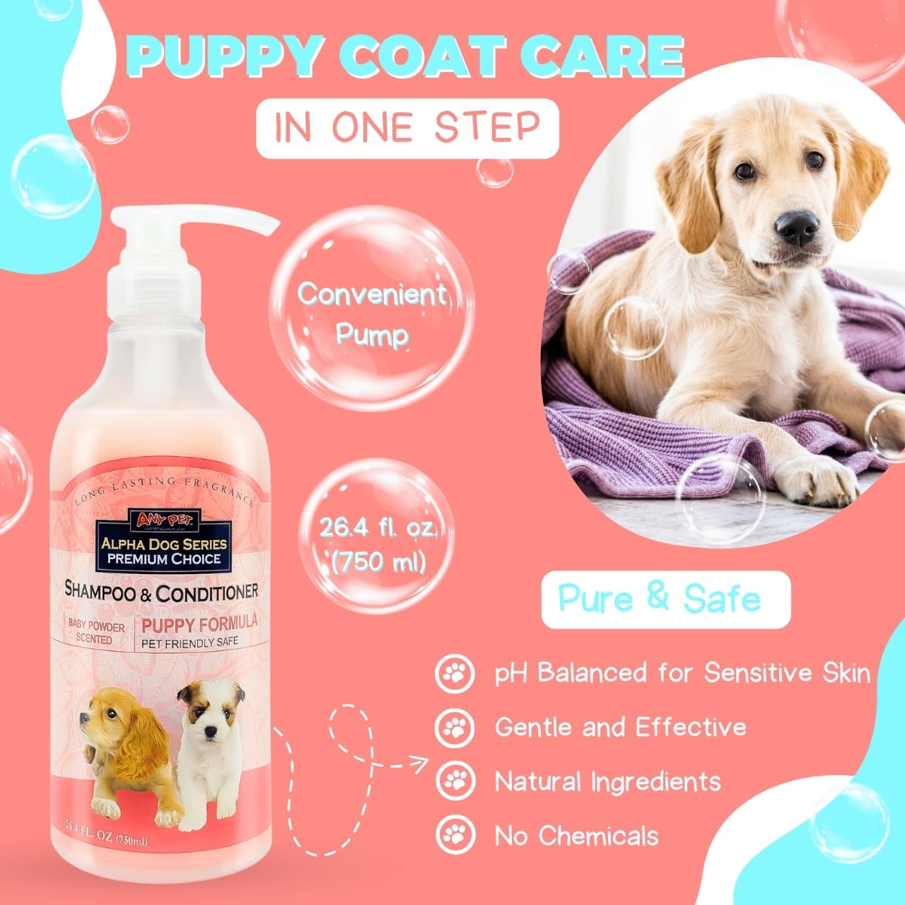 Alpha Dog Series Natural Puppy Shampoo and Conditioner Tear Free with Aloe Vera, pH-Balanced Shampoo for Puppies, Tearless Dog S