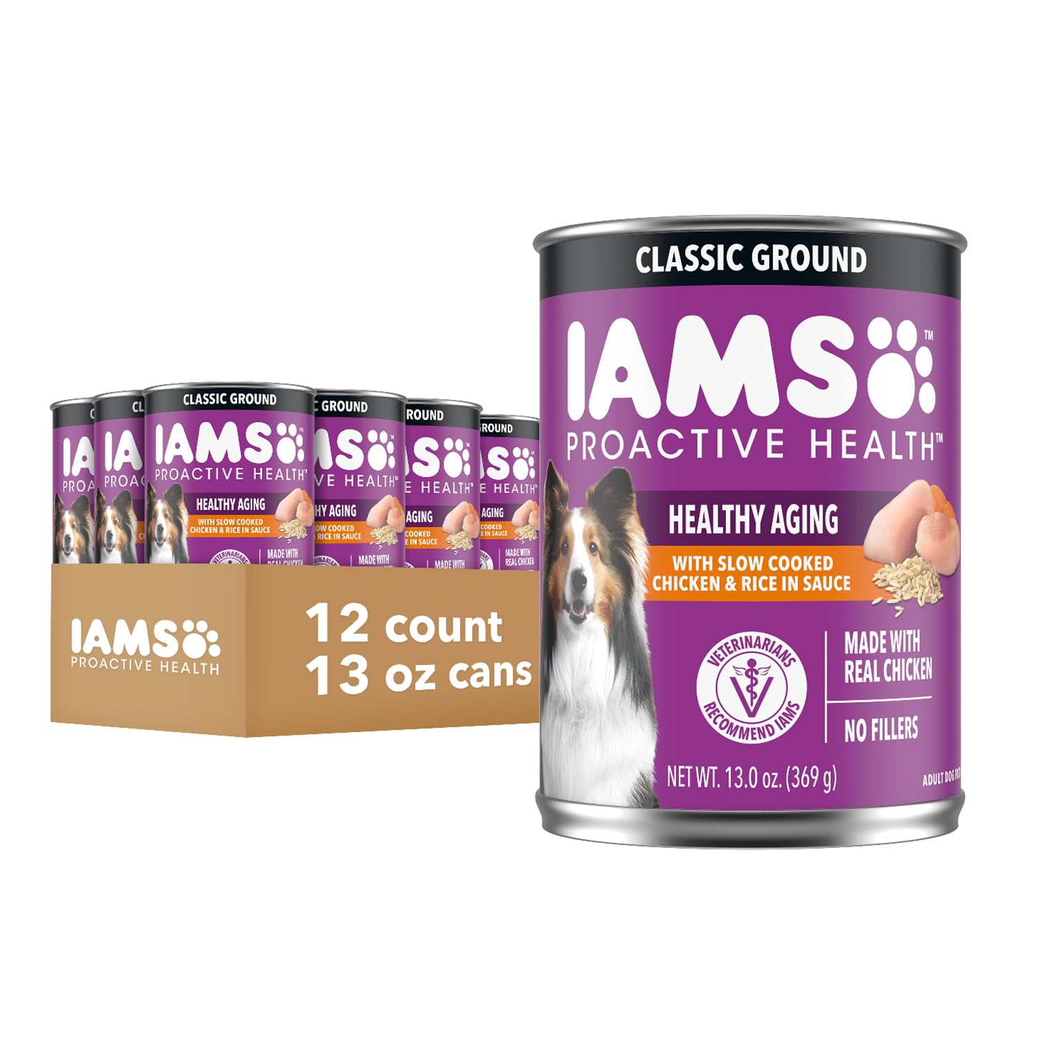 IAMS Proactive Health Healthy Aging Wet Dog Food Classic Ground with Slow Cooked Chicken and Rice, 13 oz. Cans, Pack of 12