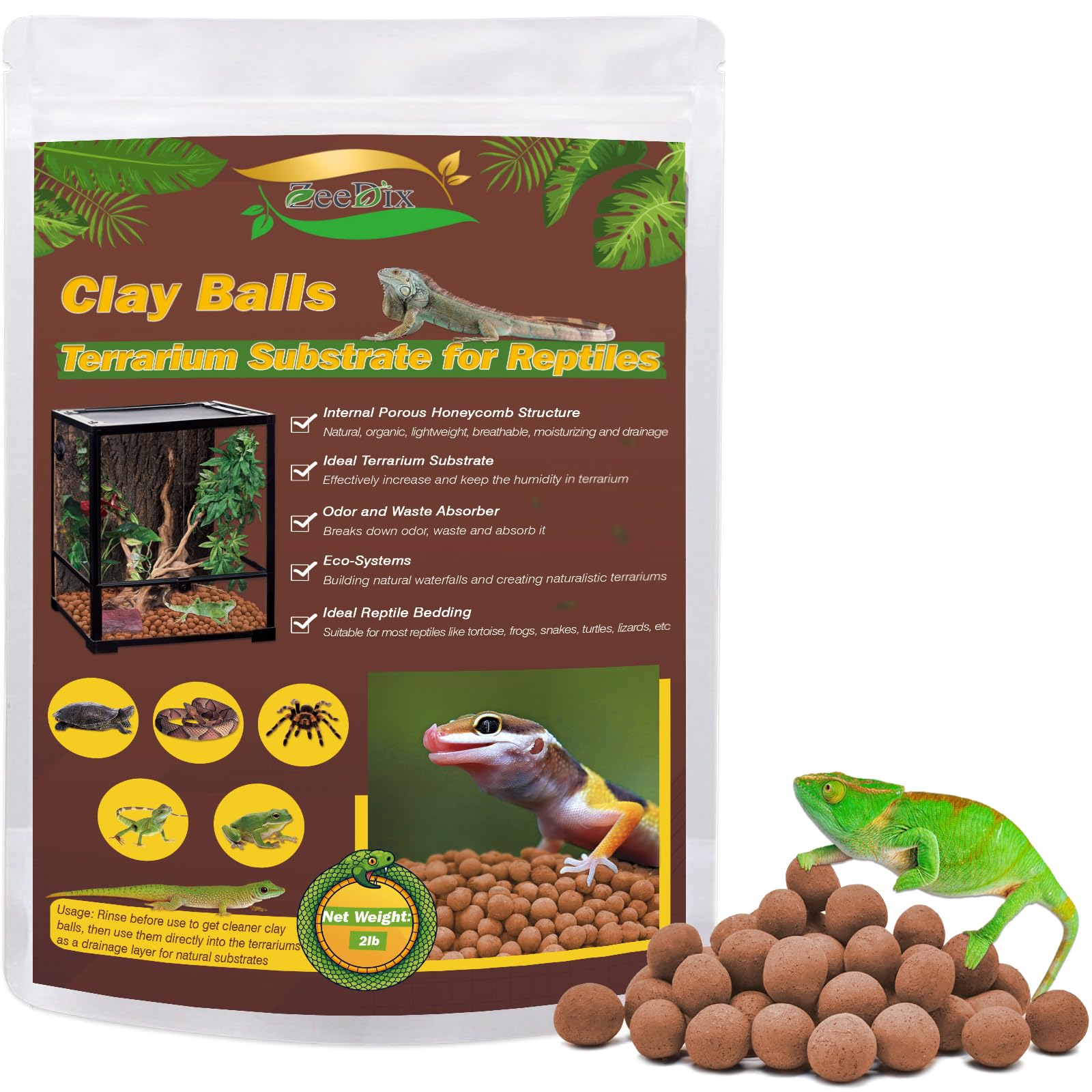 Zeedix 2Lbs Expanded Clay Balls For Reptile Terrarium Substrate - 100% Natural Lightweight Clay Pebbles Substrate, Bioactive Ter