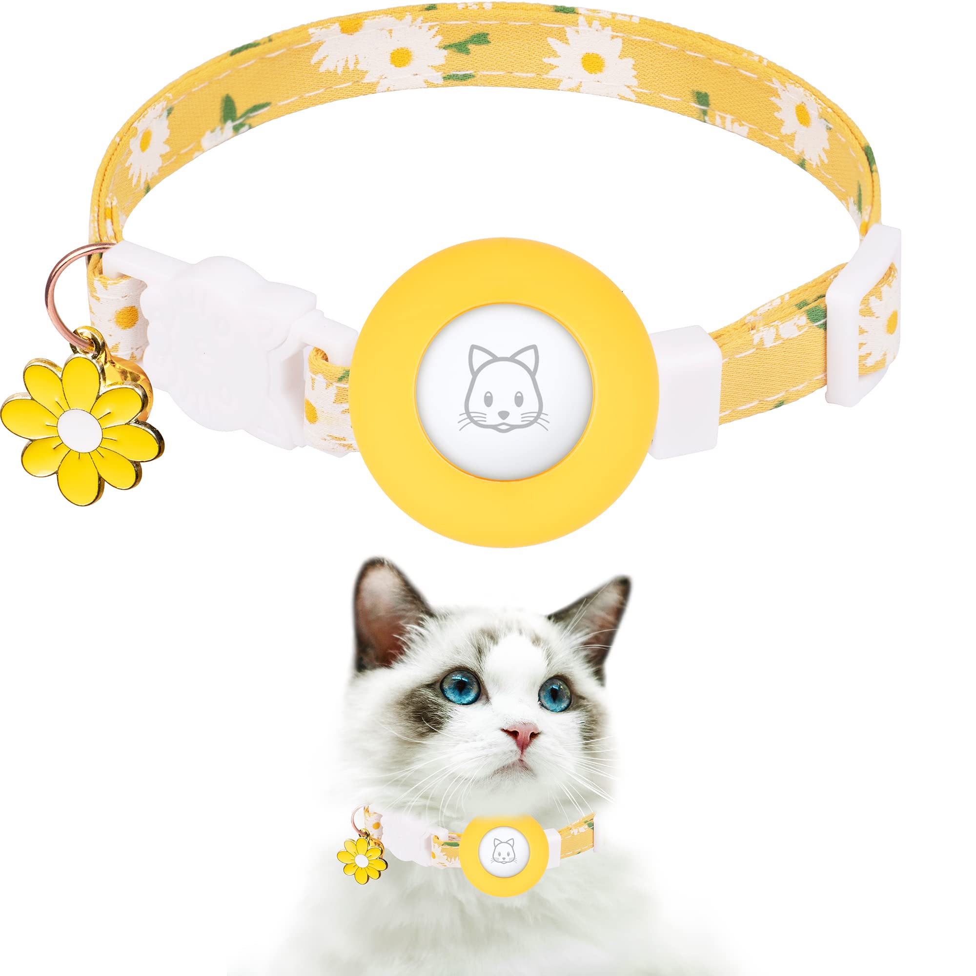 Airtag Cat Collar, Jxfukal Kitten Collar Breakaway With Silicone Airtag Holder, Bells & Flower Charm For Girl Cats Boy Cats Small Dogs(Yellow)