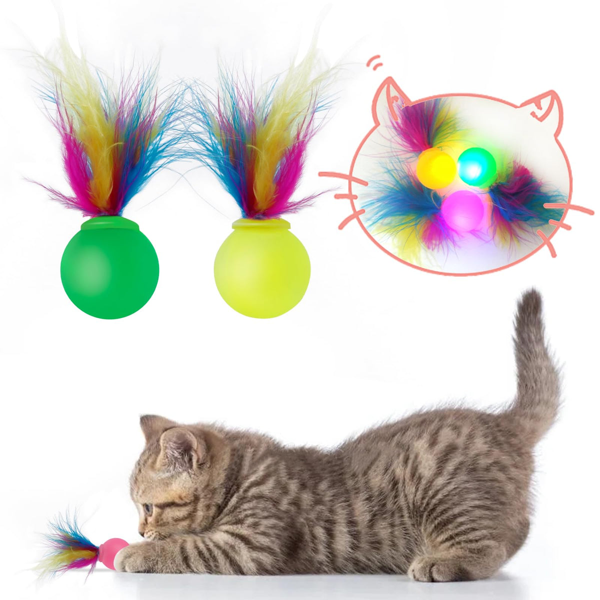 Shengsen Flashing Bouncy Ball With Tail Cat Toys-3 Pack,Magic Worm With Luminescence Ball Toy For Cats,Colorful Fuzzy Worm Bounc