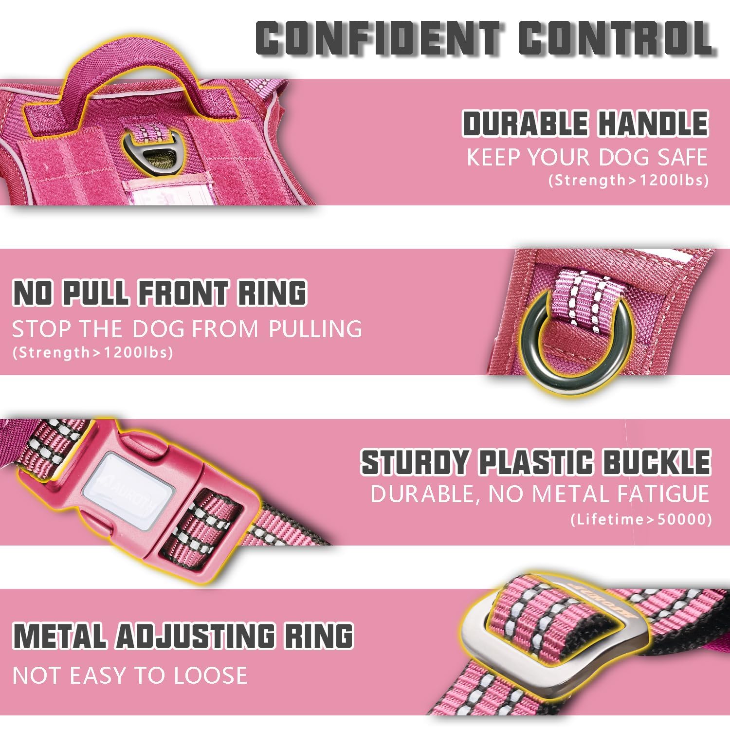 Auroth Tactical Dog Harness For Large Dogs No Pull Adjustable Pet Harness Reflective K9 Working Training Easy Control Pet Vest Military Service Dog Harnesses Rose Red Xl