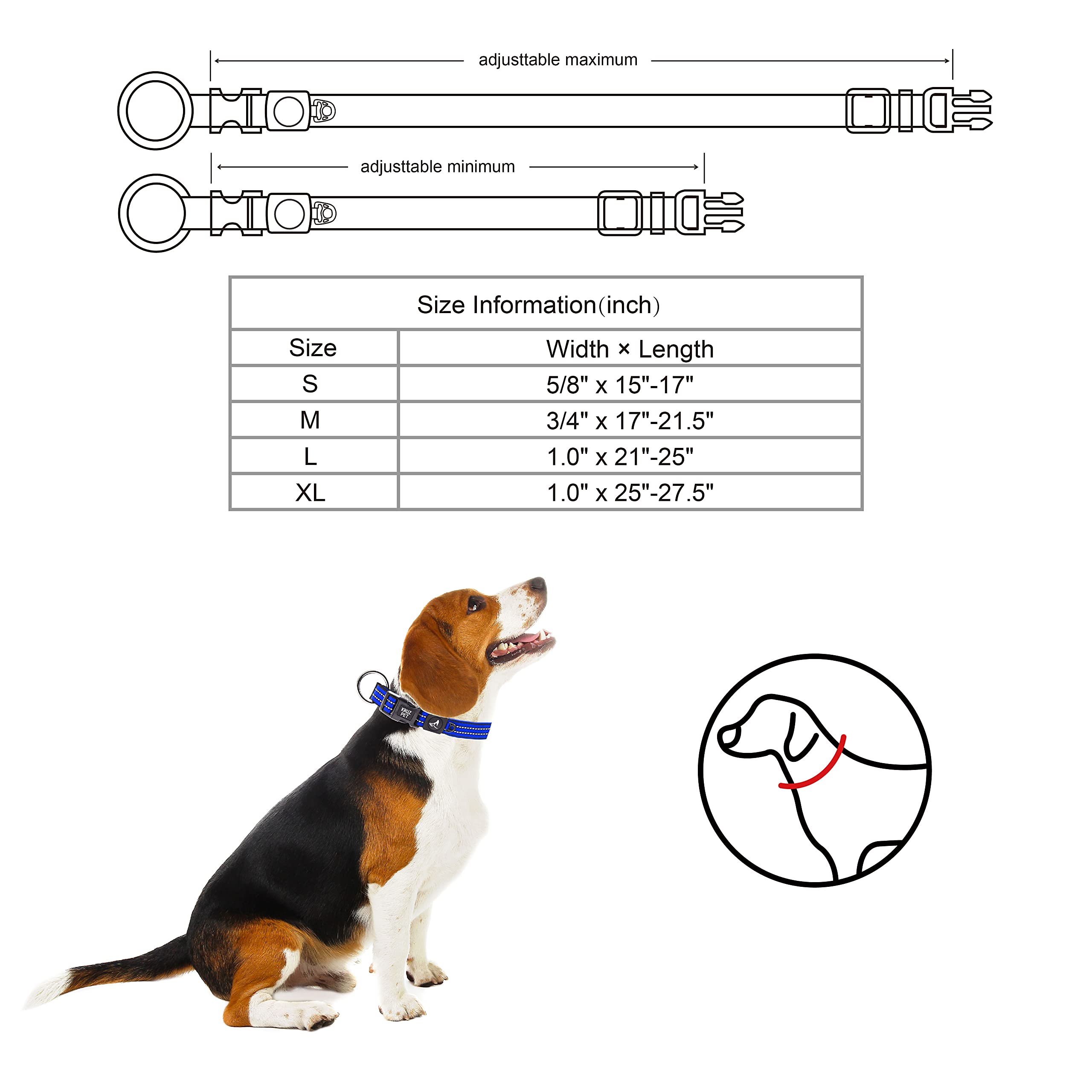 Kruz Pet Kzv006-08Xl Reflective Dog Collar For Small, Medium, Large Dogs, 100% Nylon Adjustable Pet Neck Collar, Heavy Duty O-Ri