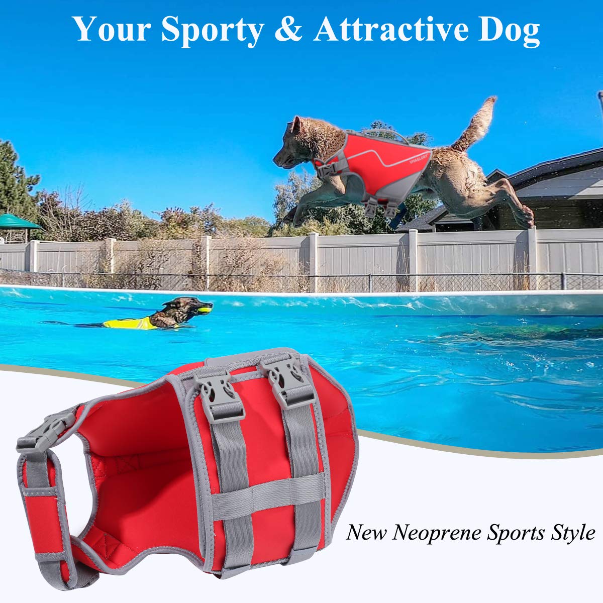 Vivaglory Neoprene Dog Life Jacket Doggy Life Jacket For Boating Hunting & Swimming, Lightweight With Leash Ring, M, Red