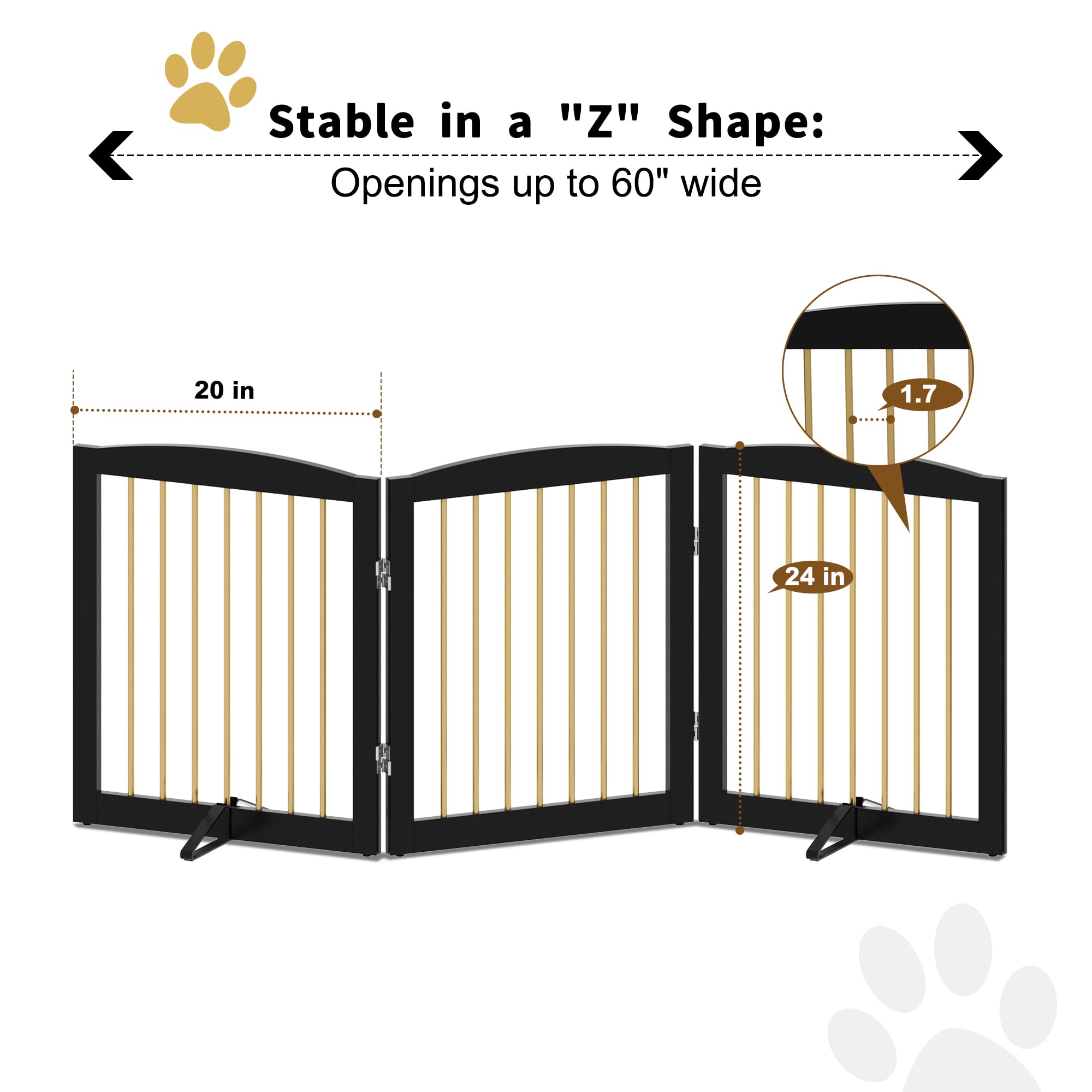 PUPETPO Freestanding Pet Gate - Foldable Wooden Dog Gate, 24" Height, 3 Panels, Black & Gold, Model BG3-24, Indoor Safety Fence