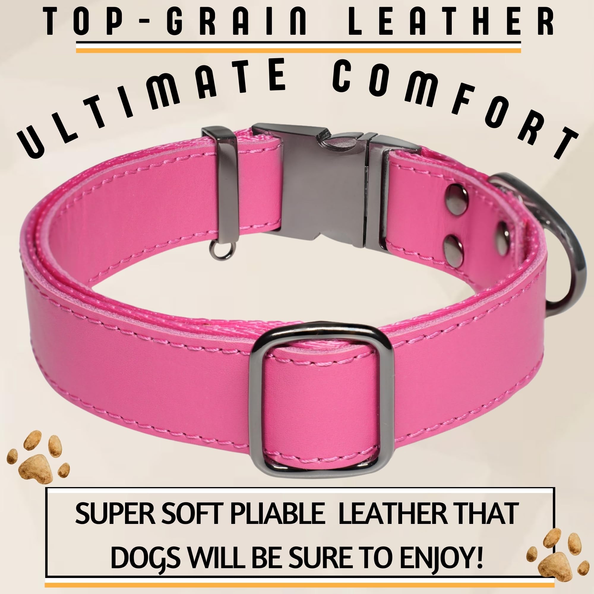 ADITYNA Pink Leather Dog Collar with Metal Buckle - Heavy-Duty, Adjustable for Large & Extra Large Girl Dogs - Walking & Trainin