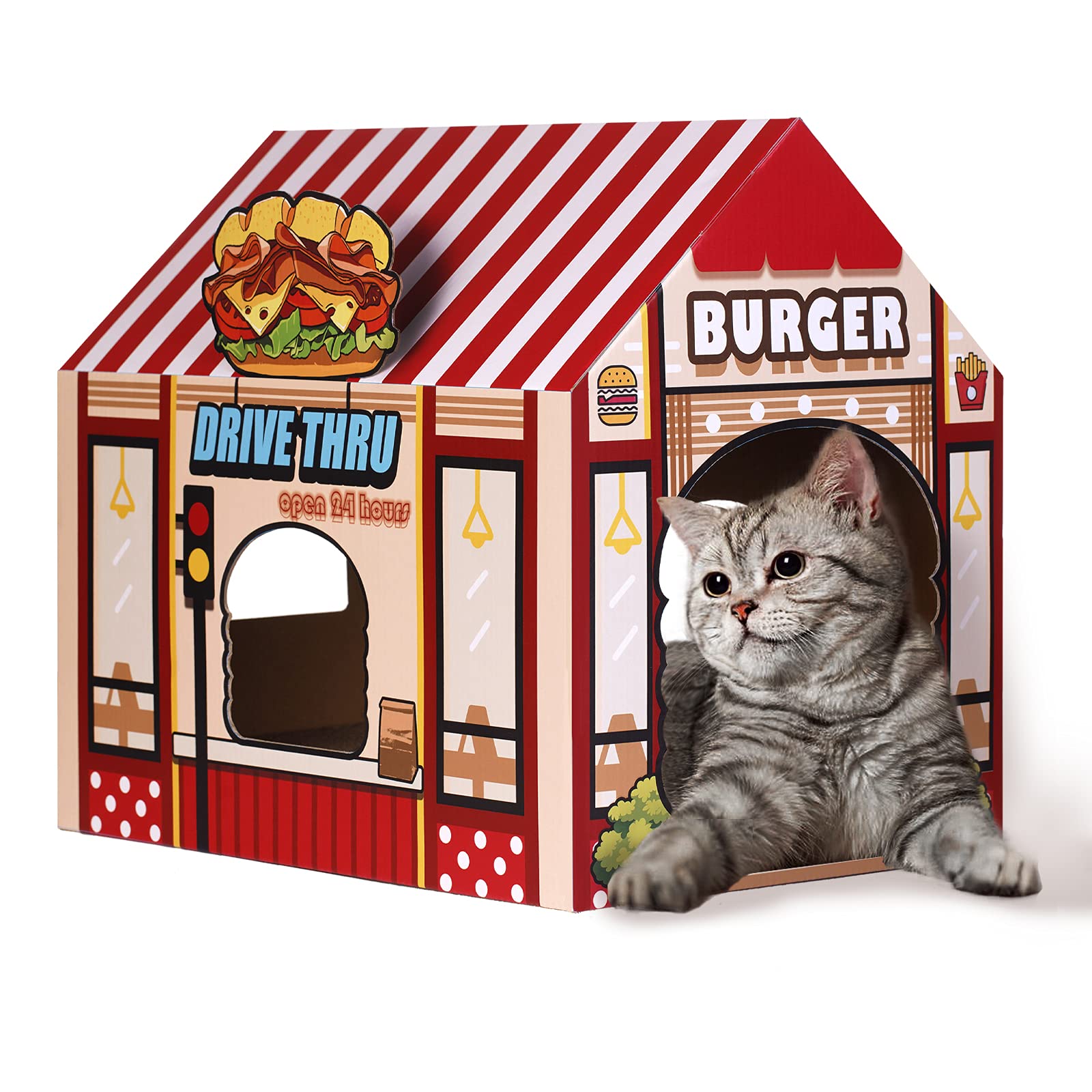 Sekam Cardboard Cat House With Scratcher/Catnip,(16.5''X12''X15'') Kitty Burger Shop For Indoor/Outdoor Cats,Cat Play House&Home Decor,Cat Scratch Toy For Cat Birthday,Hideout For Bunny&Small Animals
