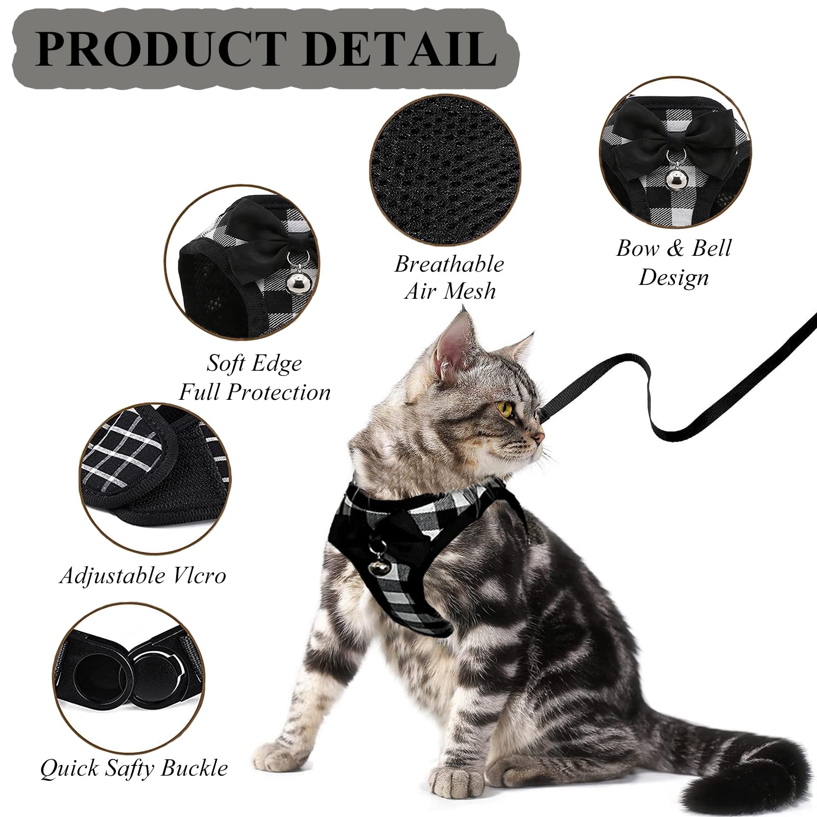 Cat Leash And Harness Set (Black-White, L)