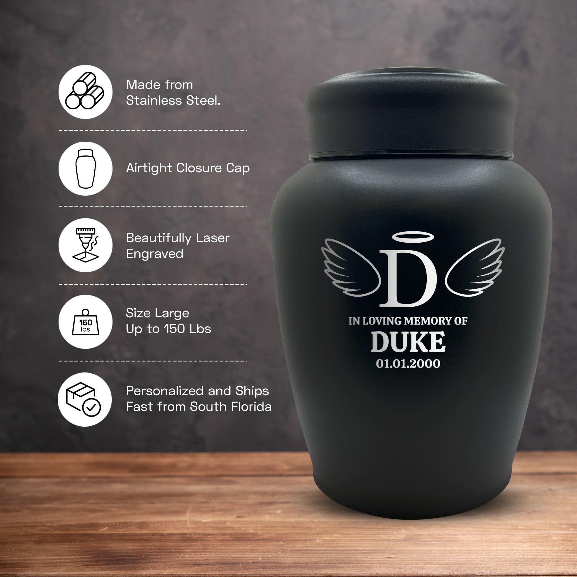 Custom Engraved Dog Urn - Stainless Steel, Black, Angel Pattern - Large Cremation Urns For Dogs Up To 150 Lbs With Airtight Clos