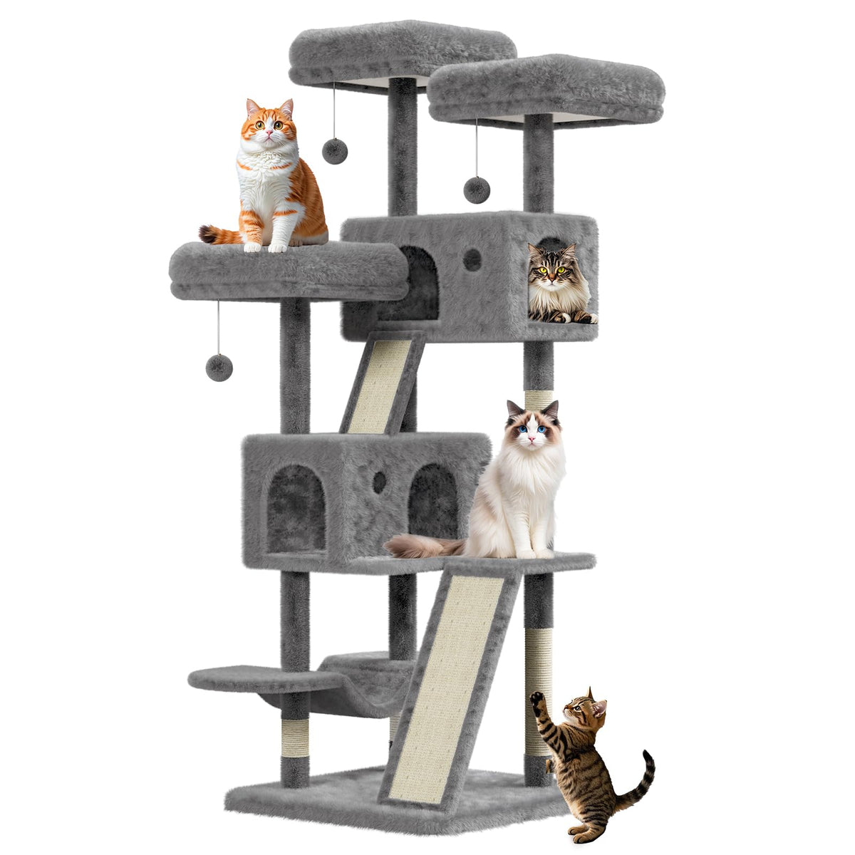 65 Inches Multi-Level Large Cat Tree For Large Kitties/Big Cat Tower With Condo/Cozy Plush Pussycat Perches/Sisal Scratching Pos