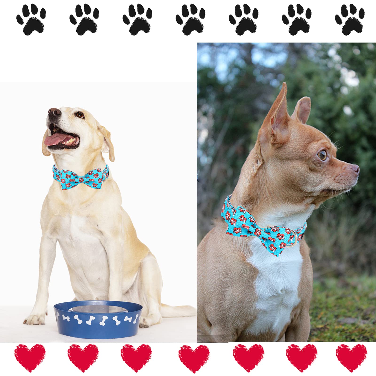 Unique Style Paws Valentine'S Day Dog Collar With Bow Tie Blue Heart Puppy Collar Best Gift For Small Medium Large Boys Girls-M