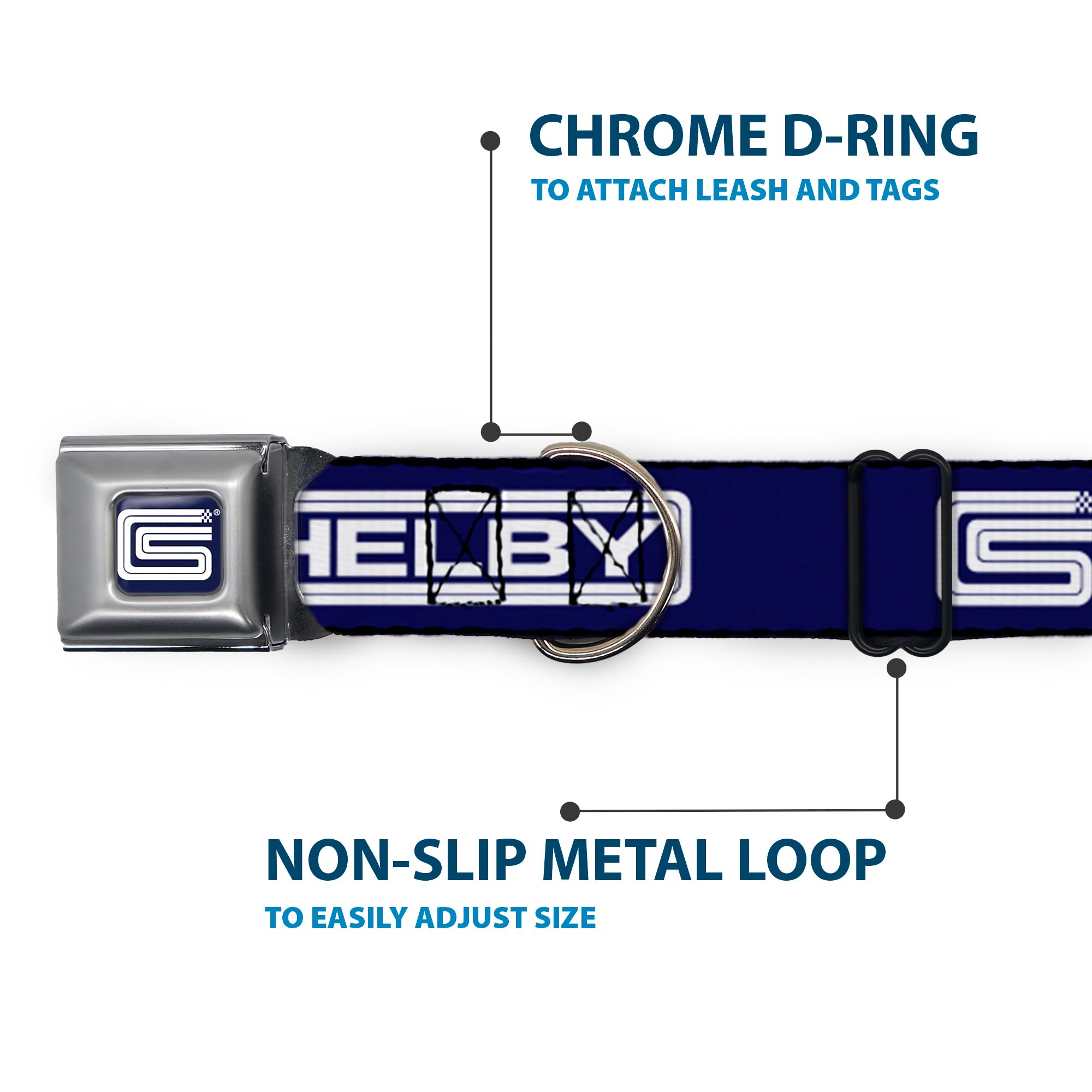 Dog Collar Seatbelt Buckle Carroll Shelby Cs Shelby Racing Logo Block Navy White 20 To 31 Inches 1.5 Inch Wide
