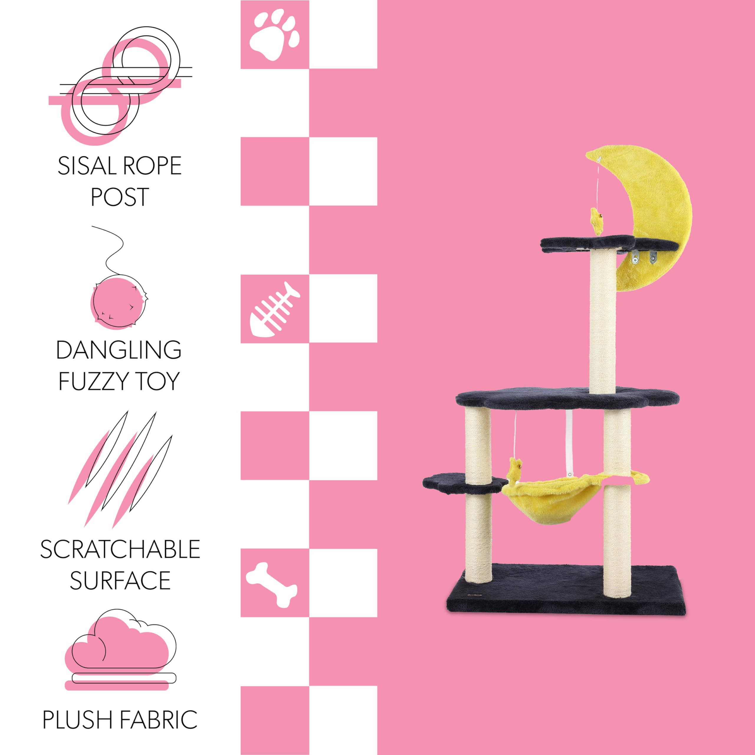 The Licker Store Ctr1003A Aurora 49'' 3-Tier Modern Sisal Moon And Stars Cat Tree With Scratching Posts, Basket, And Fuzzy Bell