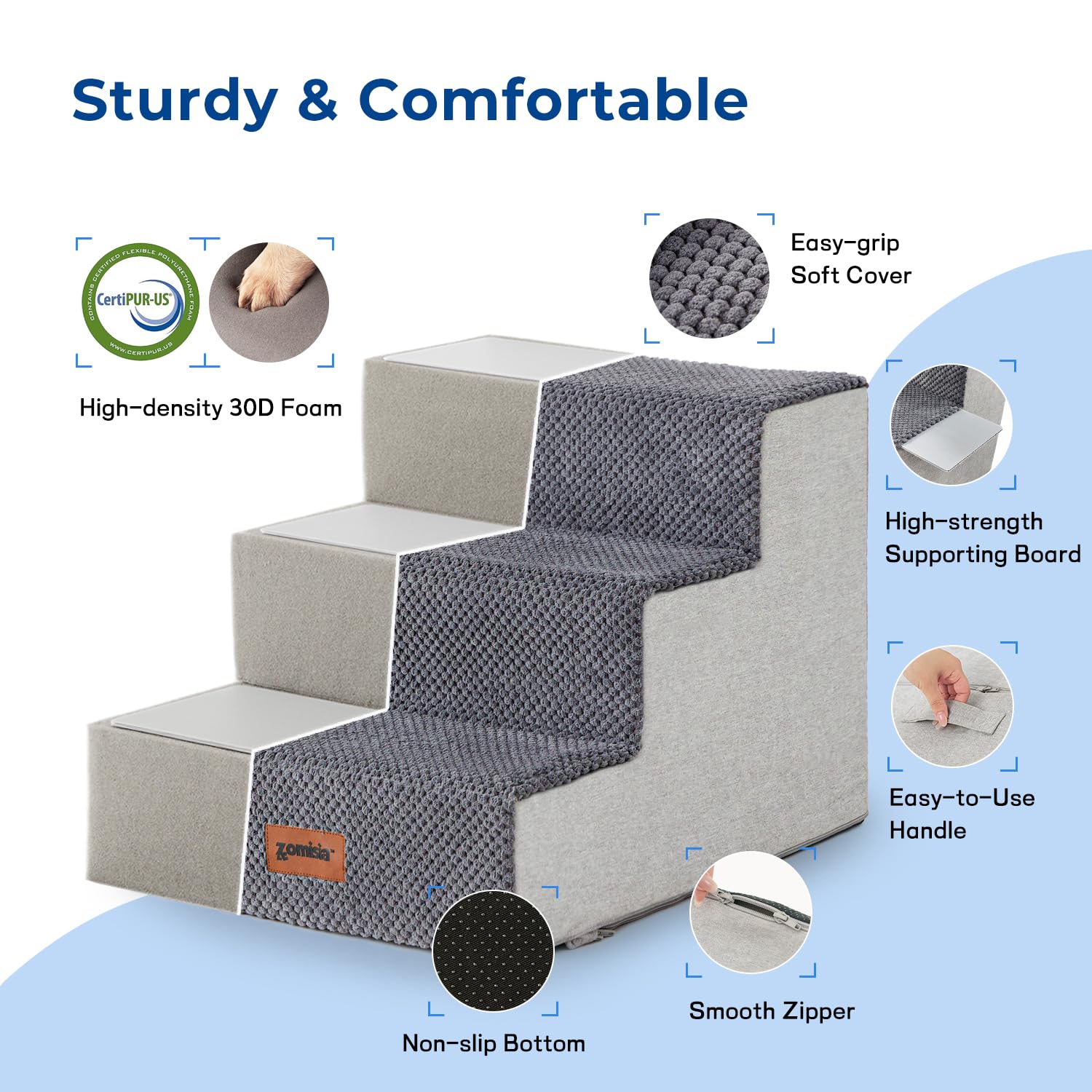 Zomisia Dog Steps For Couch - Pet Stairs For Small Dogs And Cats, Dog Steps With Non-Slip Bottom Grey 3 Steps, Beige