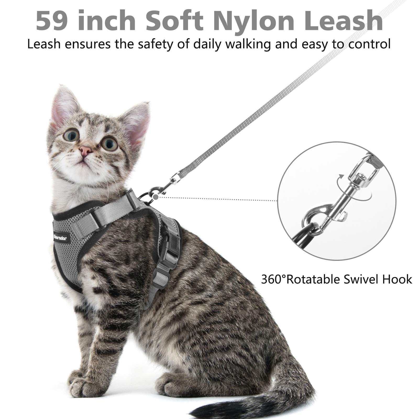 Dooradar Cat Harness And Leash Set, Escape Proof Safe Adjustable Kitten Vest Harnesses For Walking, Easy Control Soft Breathable Mesh Jacket With Reflective Strips For Cats, Grey, S