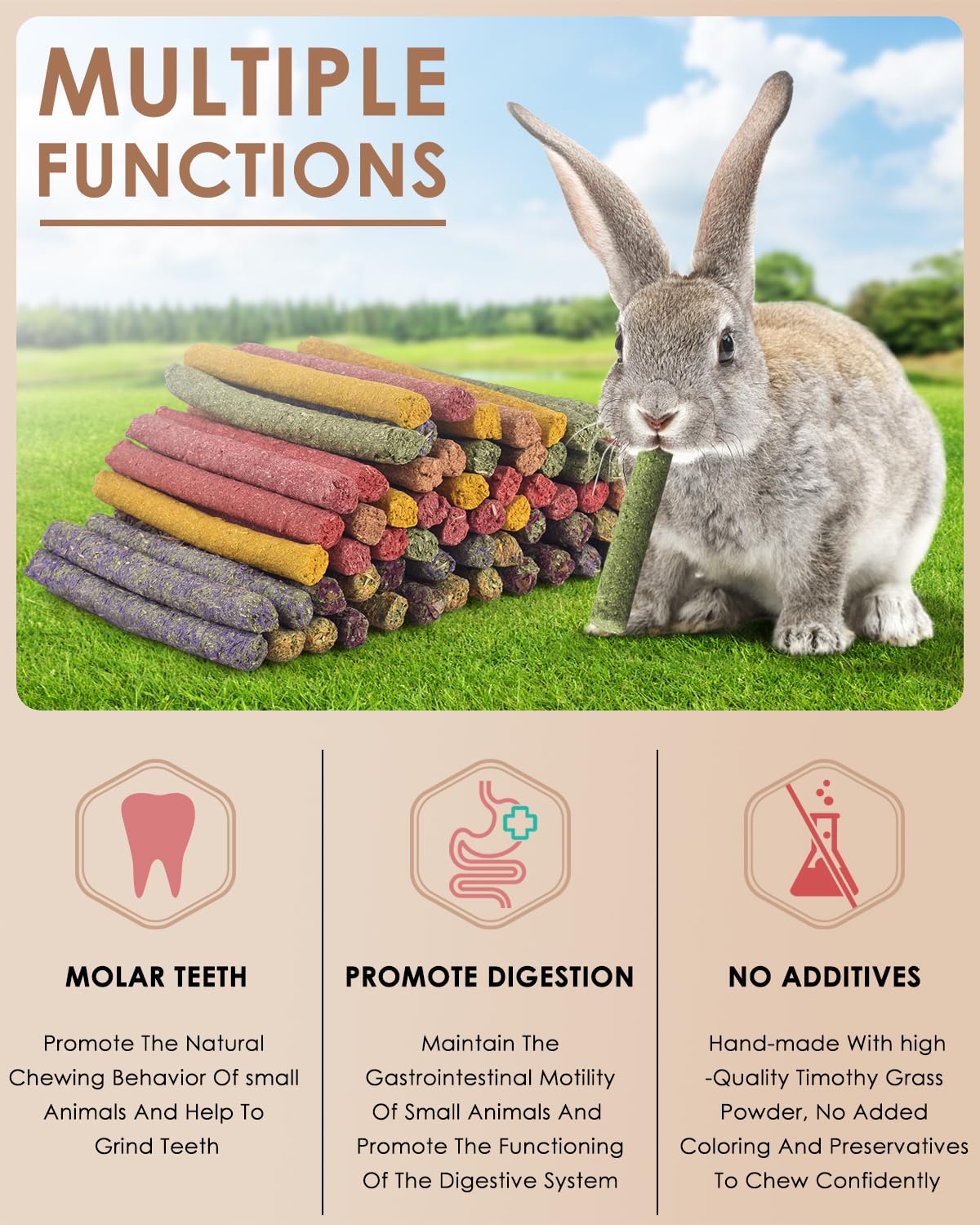 Bissap 72 Pcs Rabbit Chew Sticks, Natural Timothy Hay Pumpkin Sugar Beet Carrot Strawberry Rose Dahlberg Daisy Forget-Me-Not Flo