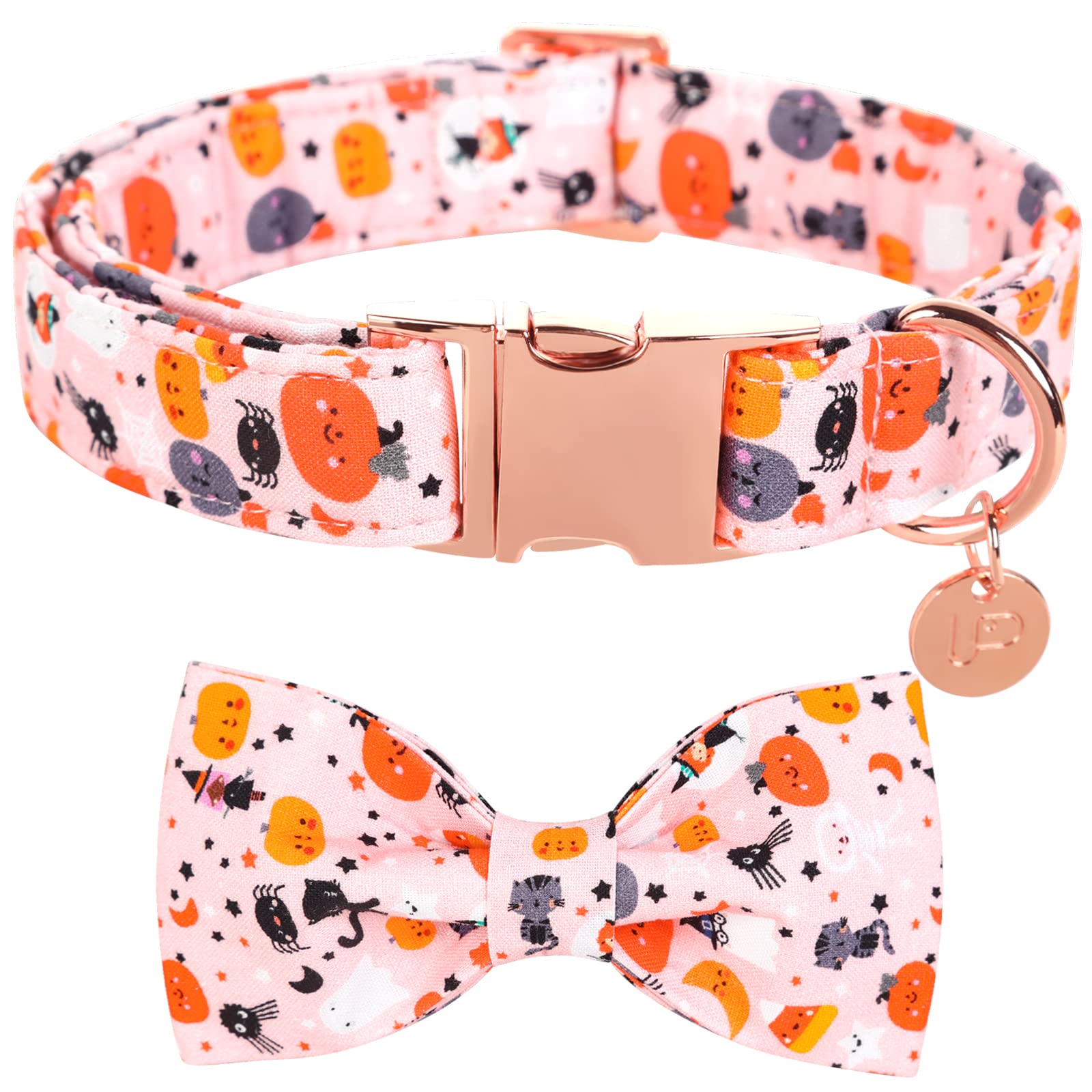 Up Urara Pup Halloween Dog Collar With Bow Tie, Pumpkin Cotton Bowtie Collar For Small Girl Dog, Female Halloween Bow Tie Collar With Durable Metal Buckle, Adorable Pet Collar, S, Neck 10-16In