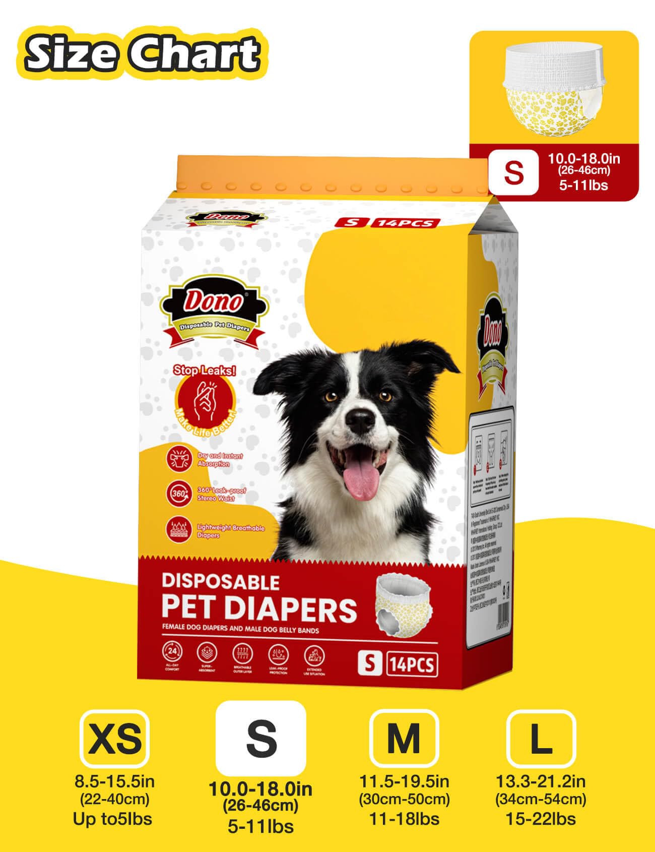 Dono Dog Diapers Female, Disposable Full Wrap With Stretchy Waist, 360 Leak-Proof, Absorbent, Heat Period Doggie Diapers For Sma