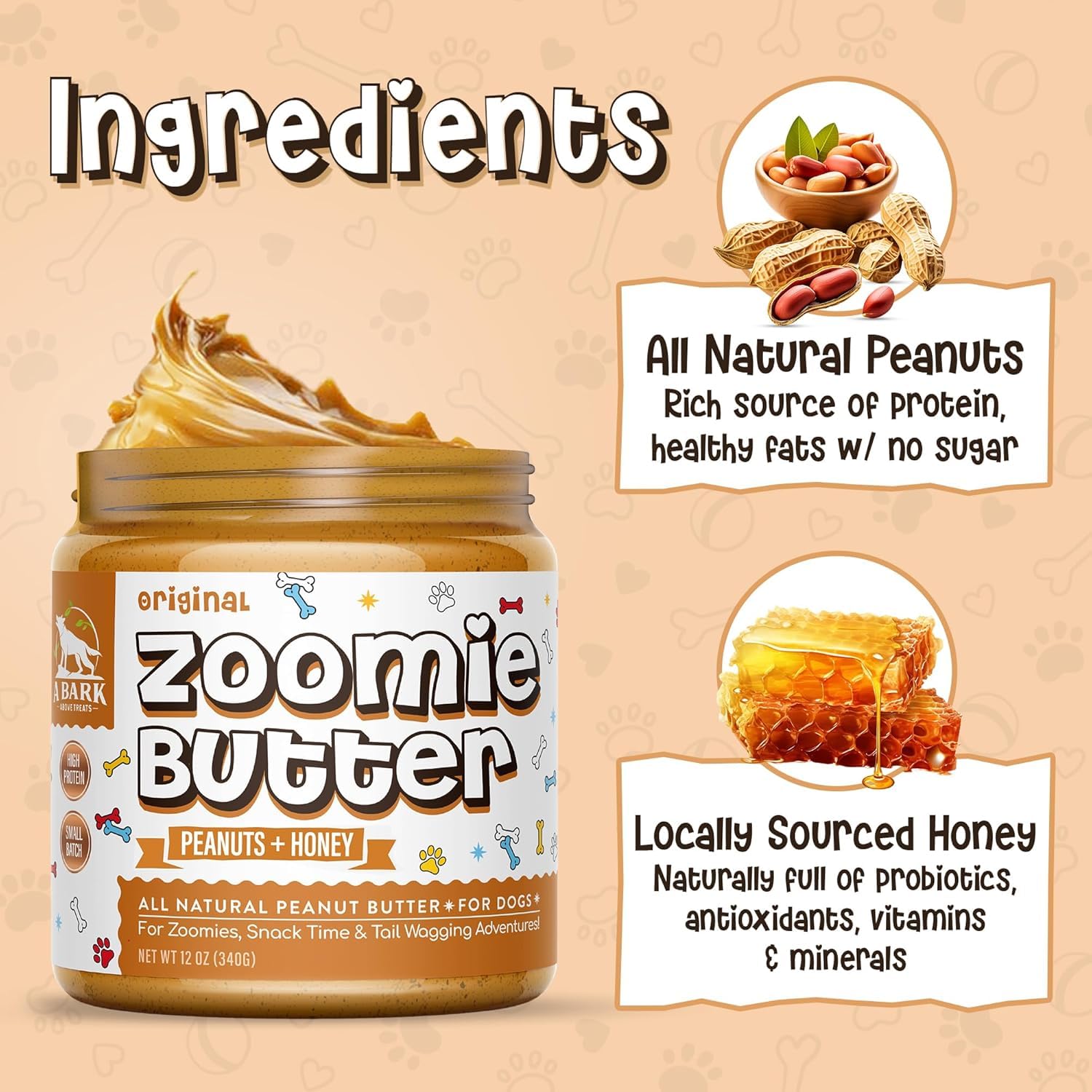 Zoomie Butter Original All Natural Dog Peanut Butter Spread. Human Grade, Healthy Dog Treat/Dog Food. Peanuts & Honey for Puppy