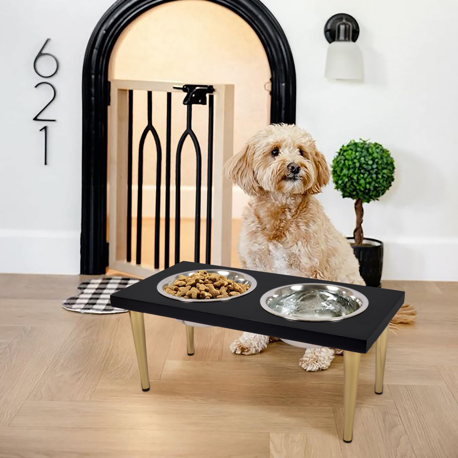 Pure Souls Buddy Pet Feeder, Natural Mango Wood Feeders Stand, Elevated Dog Bowls 1250 Ml, Food Water Diner, Durable Double Bowl
