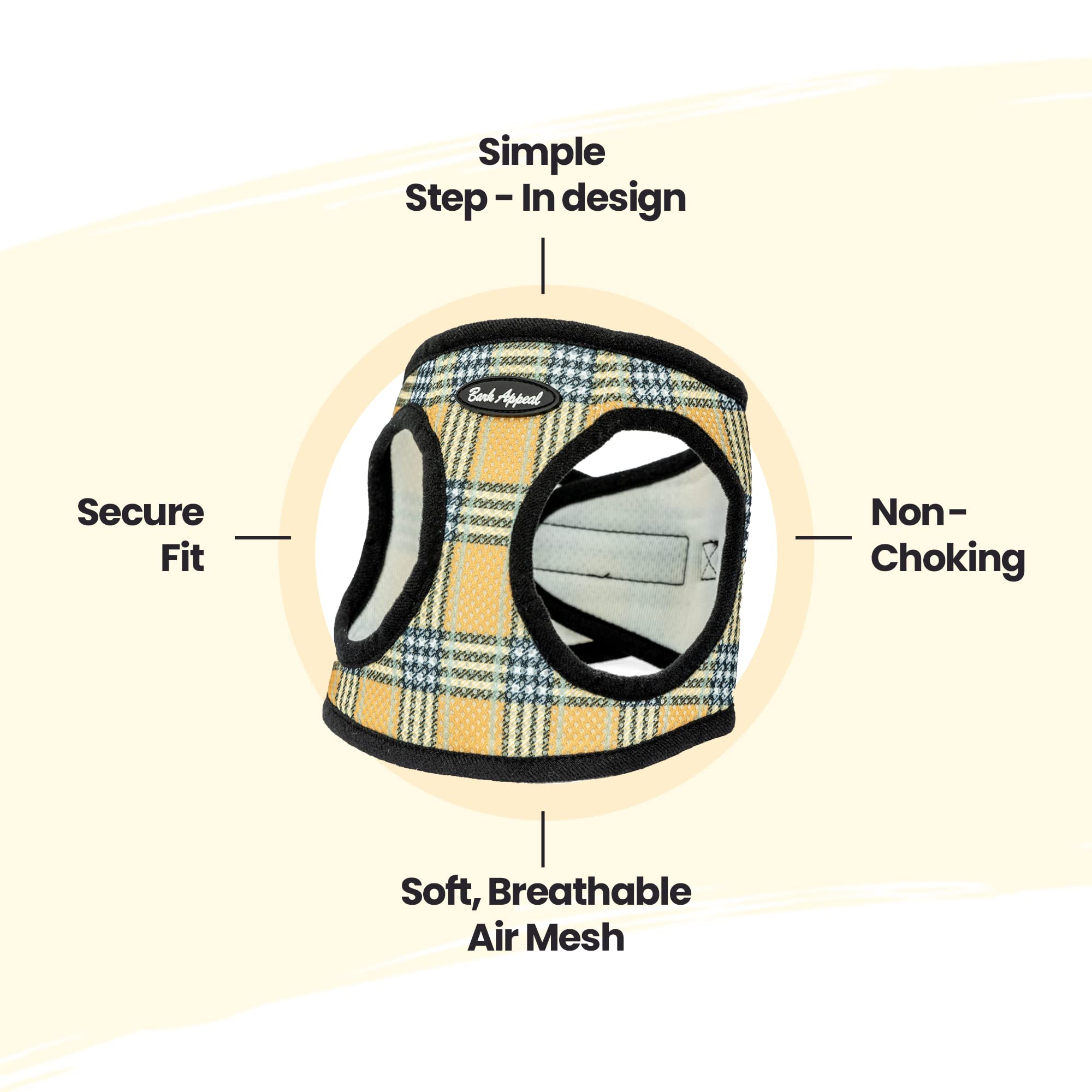Bark Appeal Step-In Dog Harness, Mesh Step In Dog Vest Harness For Small & Medium Dogs, Non-Choking With Adjustable Heavy-Duty Buckle For Safe, Secure Fit - (Large, Tan Plaid)