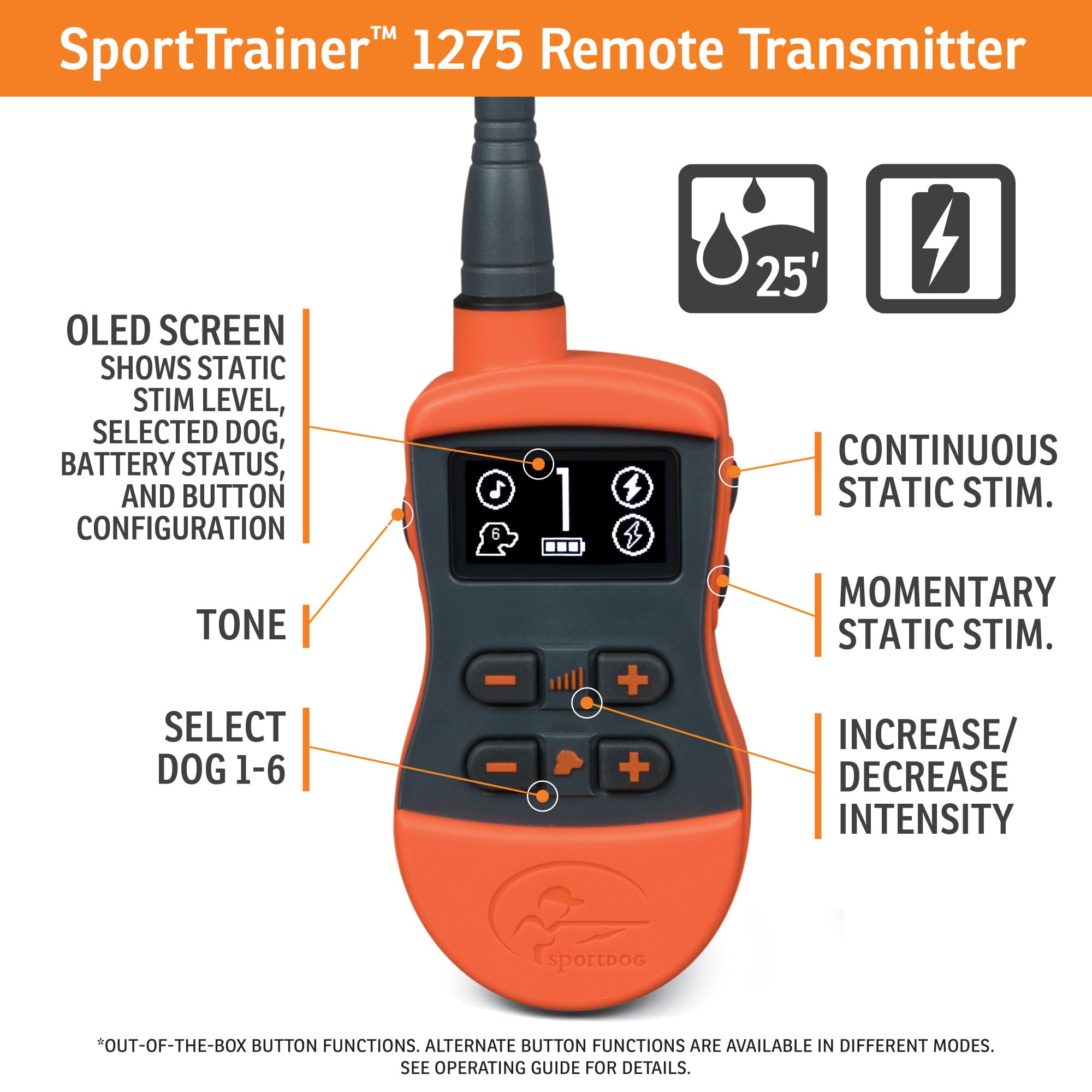 Sportdog Brand Sporttrainer 1275 Static Collar - 3/4 Mile Range - Oled Screen - Waterproof, Rechargeable E-Collar With Remote -