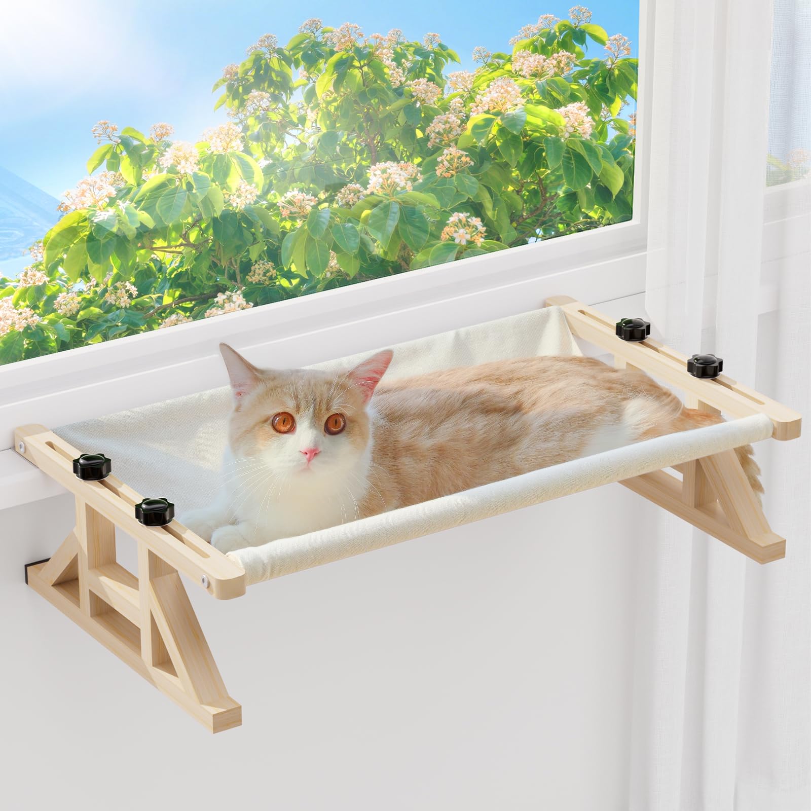 Tresbro 2-In-1 Cat Window Perch & Elevated Cat Hammock, 15.7'' W*10.2'' H*18.9'' L Wooden Frame Pet Bed For Indoor Cats, Easy Se