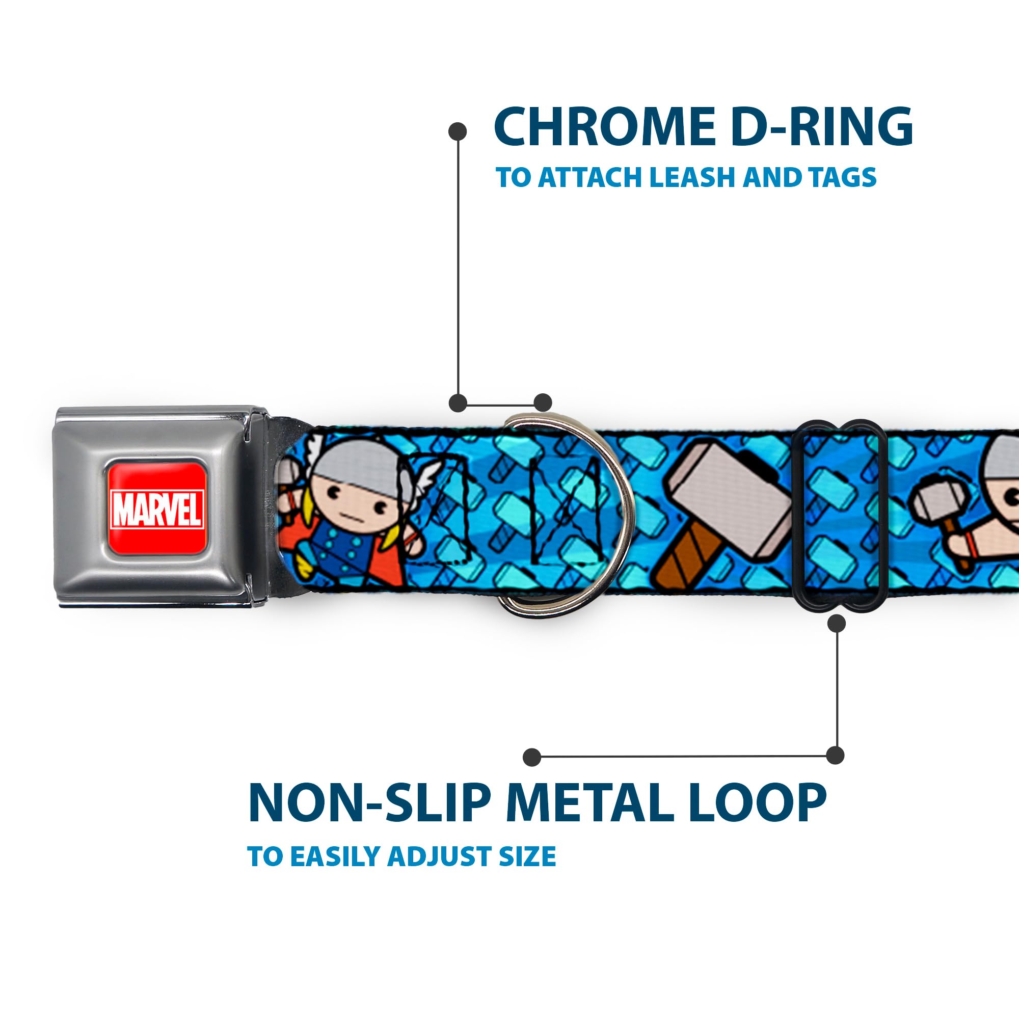Buckle-Down Dog Collar Seatbelt Buckle Kawaii Thor Poses Hammer Monogram Blues 16 To 23 Inches 1.5 Inch Wide