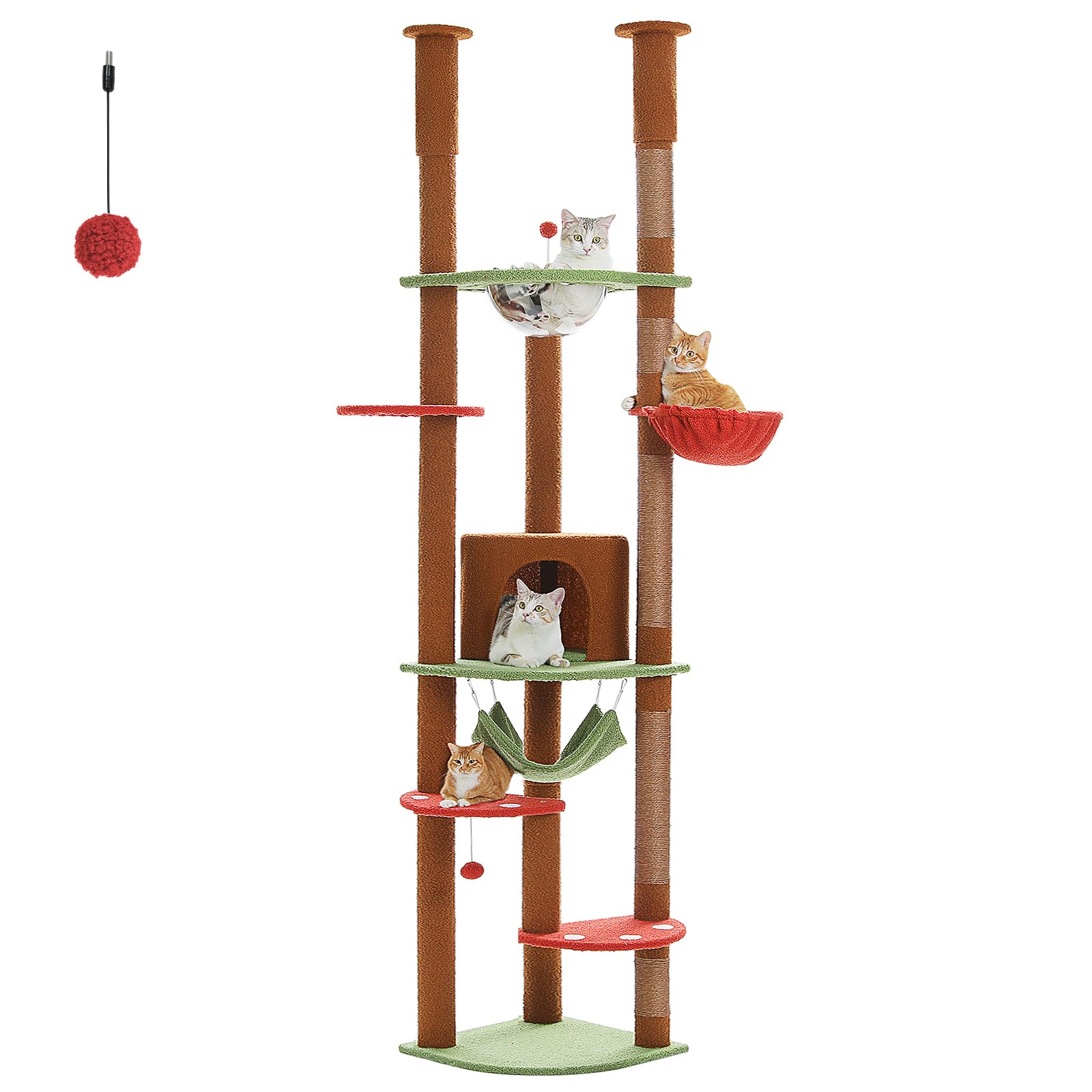 Pequlti Floor To Ceiling Cat Tree 92.9-101.6 Height Adjustable Mushroom Cat Tower Tall Climbing Play House With Scratching Posts