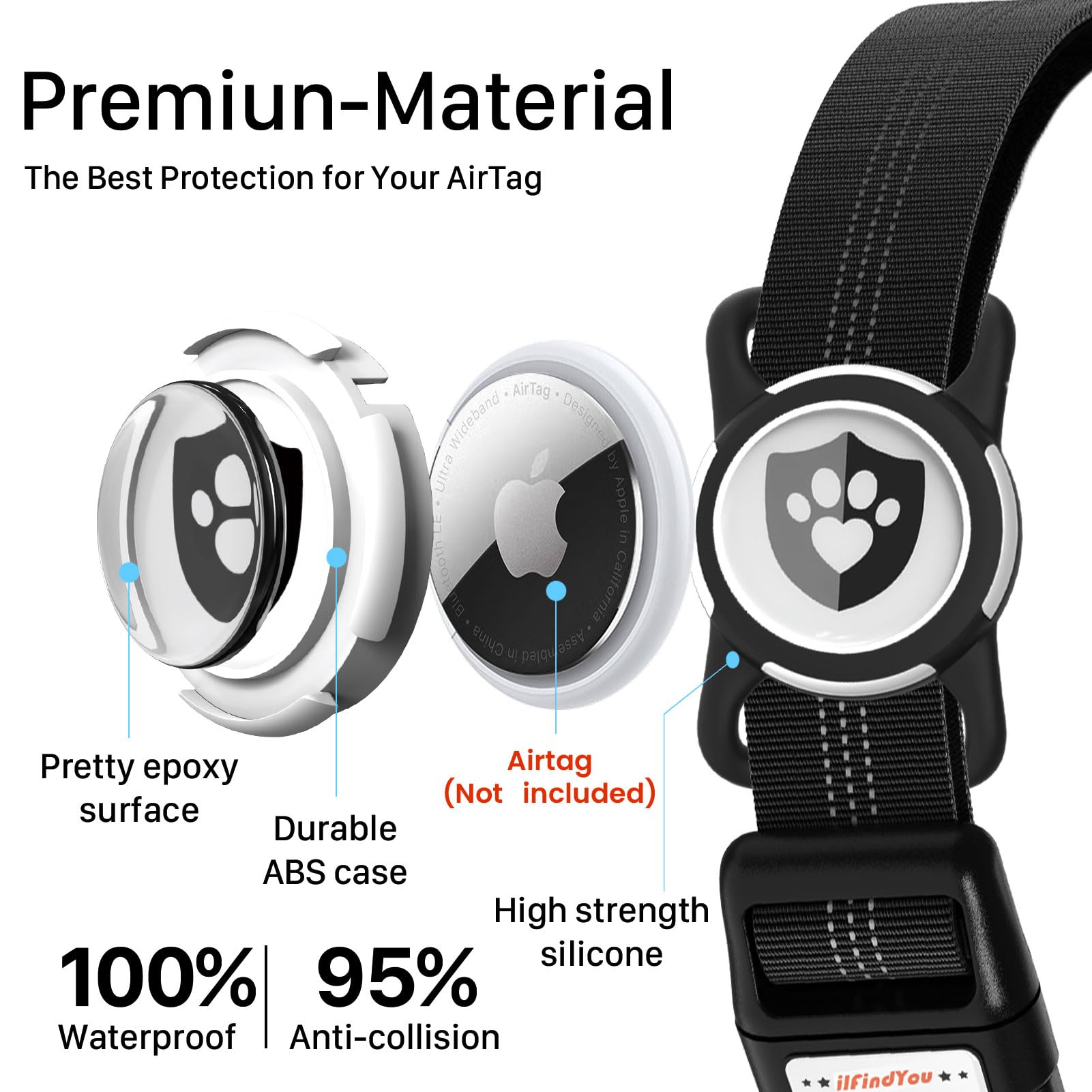 Ilfindyou Reflective Dog Collar With Airtag Holder For Medium Dogs Soft Nylon Black Sized M