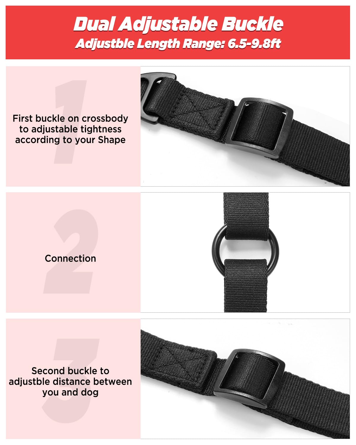 Hands Free Dog Leash for All Shapes,6.5-9.8ft Dual Adjustable Dog Leash,Crossbody Dog Leash with Padded Handle for Dog Walking,L