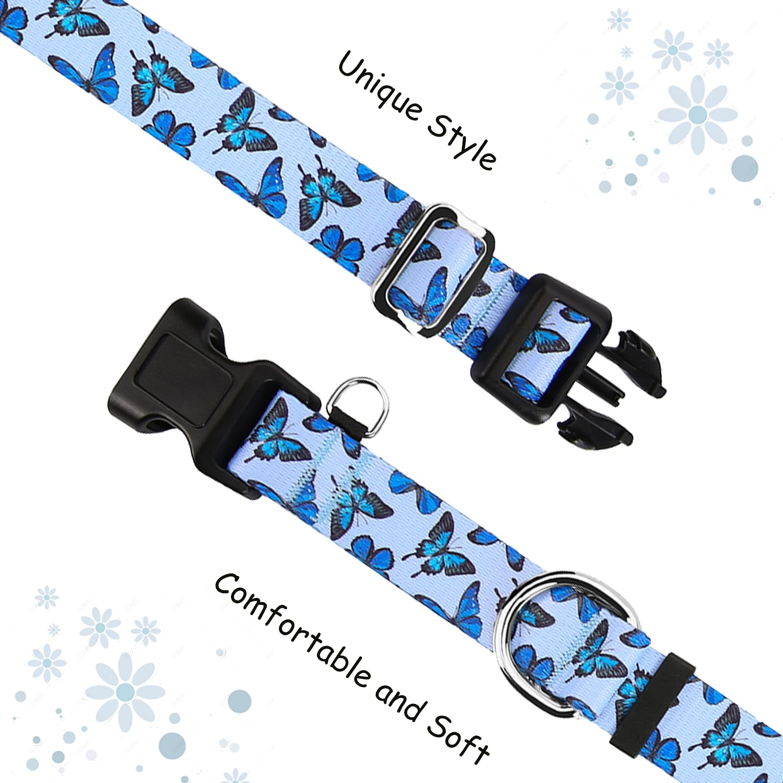Fidohug Martingale Dog Collar With Buckle Adjustable Nylon Cute Girl No Pull Anti Escape Training Dog Collars (Blue Butterfly, M