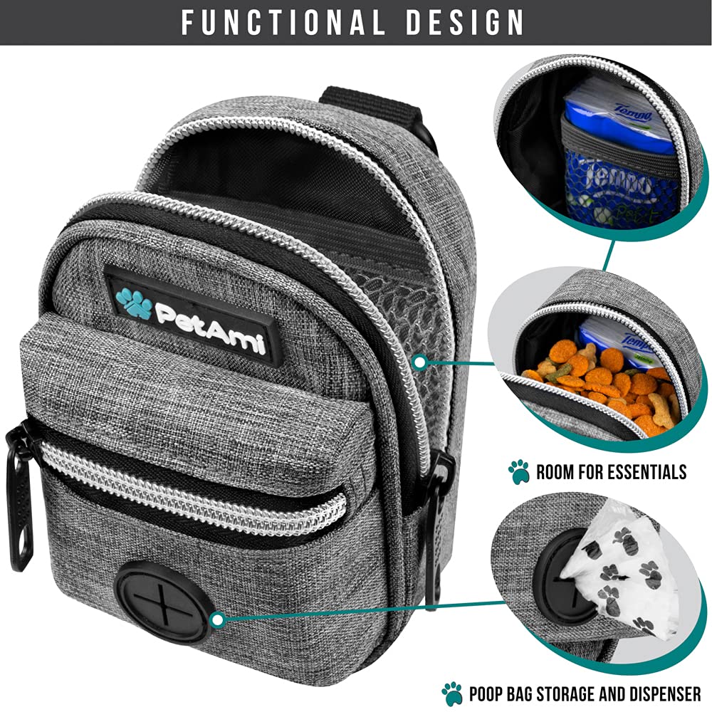 Petami Dog Poop Bag Holder | Dog Waste Bag Dispenser With Clip For Leash And Belt | Portable Fabric Doggy Waste Bag Holder For Walking Hiking Running Travel - With One Roll Of Dog Bag (Heather Gray)