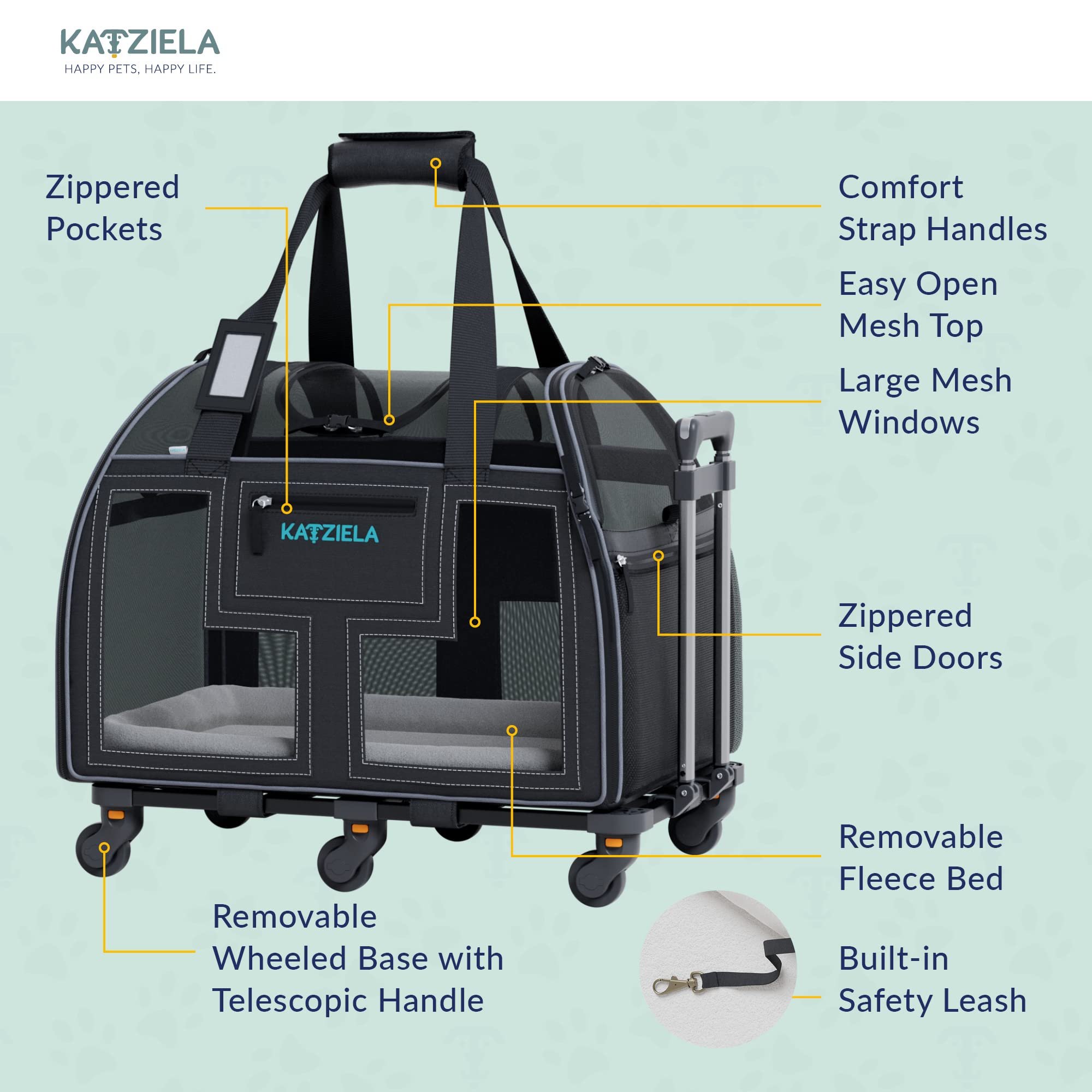 Airline Compliant Pet Carrier - Rolling Portable Travel Carry Crate For Small Dog, Puppy Or Cat - Soft Removable Wheeled Design