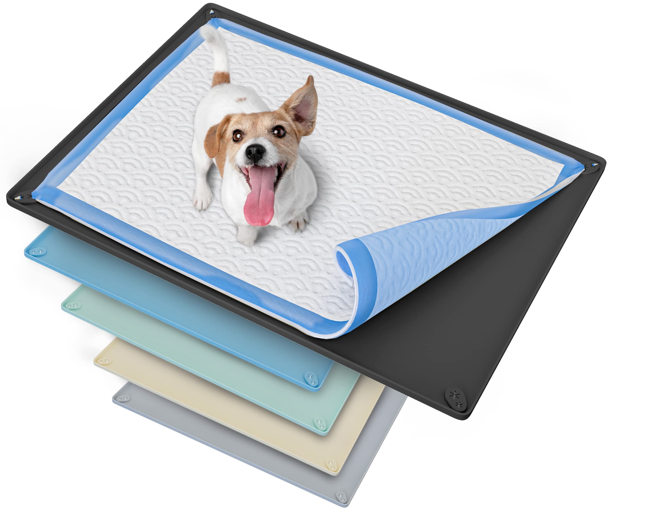 Skywin TidyFriend Pee Pad Holder Tray 30 x 23 Inches with Corner Clips, Silicone Dog Potty Tray, Easy to Clean No Spill Dog Pott