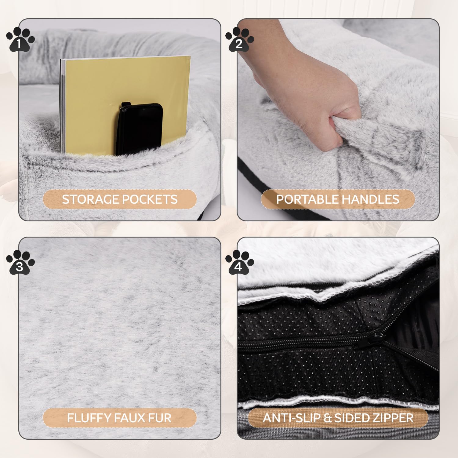 Human-Sized Dog Bed, 71'X45'X14', Washable Faux Fur Orthopedic Bean Bed With Storage Pocket, Grey