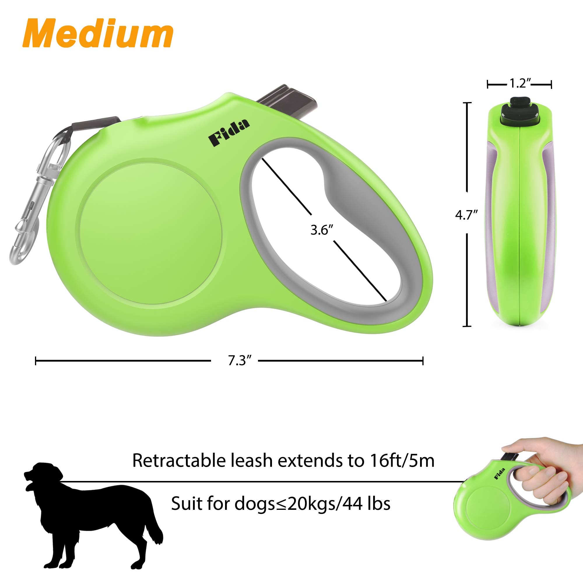Fida Retractable Dog Leash For Medium Breed Up To 44 Lbs, 16 Ft Pet Walking Leash With Dispenser And Poop Bags, Anti-Slip Handle, Reflective Strong Nylon Tape, One-Handed Brake (M, Green)