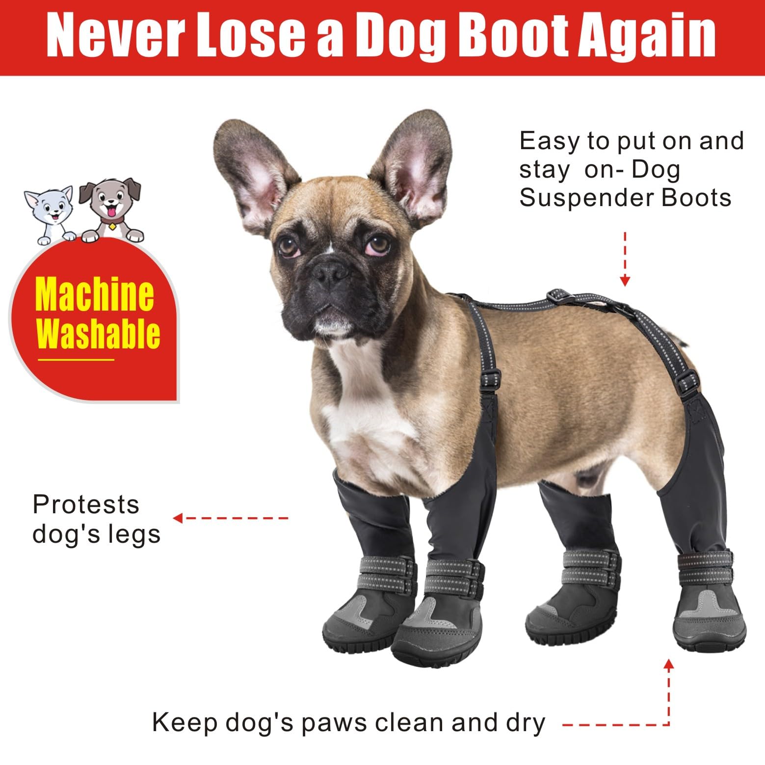 Idepet Dog Suspender Boots, Tall Dog Boots Anti-Slip & Fall Waterproof Shoes Leggings, Adjustable Suspender Boots for Dogs Winte