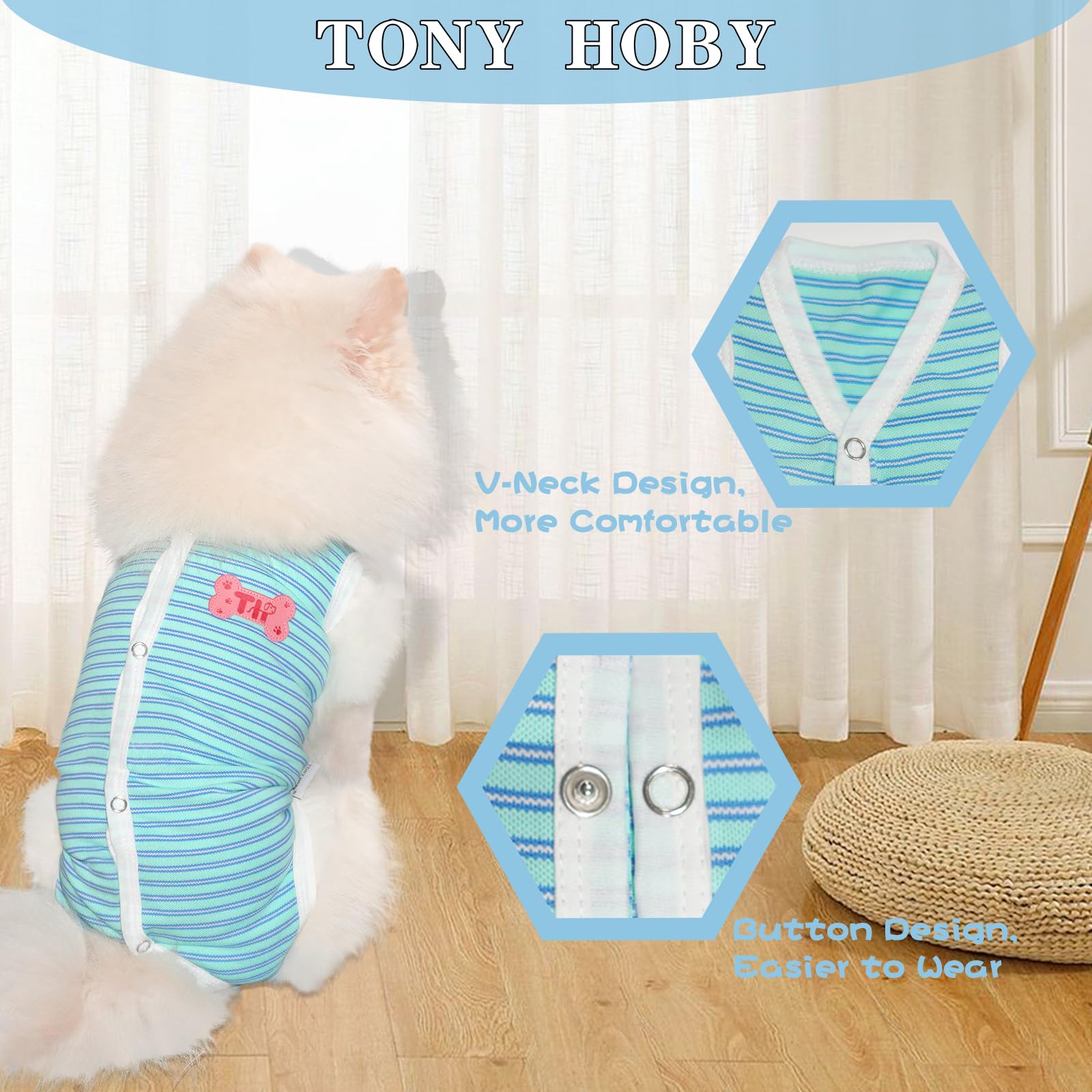 TONY HOBY Dog Pajamas - Soft Polyester Blend Jumpsuit for Small Medium Dogs, X-Large, Blue & Green Stripes