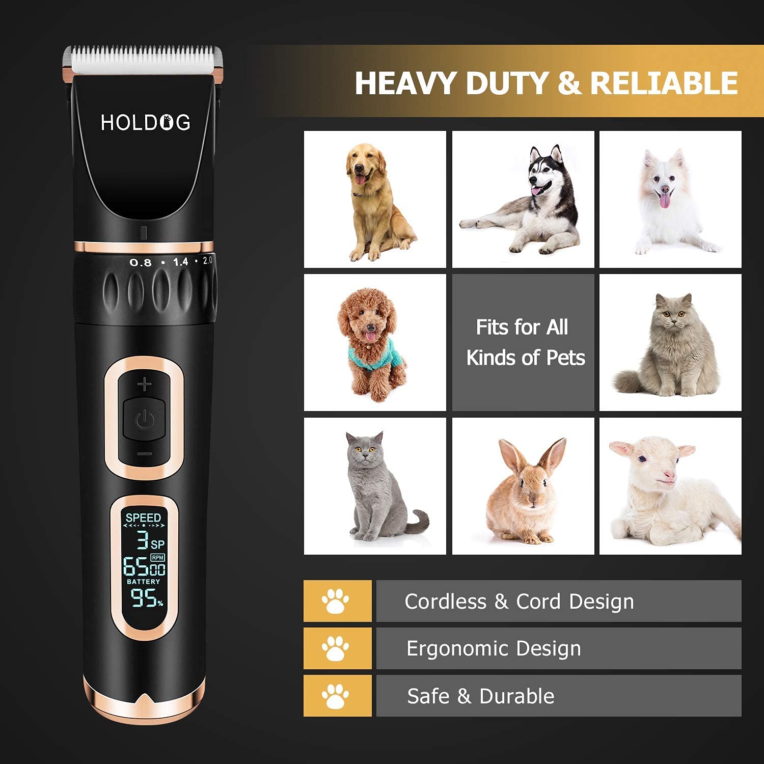 Dog Clippers Professional Heavy Duty Grooming Clipper 3-Speed Low Noise High Power Rechargeable Cordless Pet Tools For Small & Large Dogs Cats Pets With Thick Coats