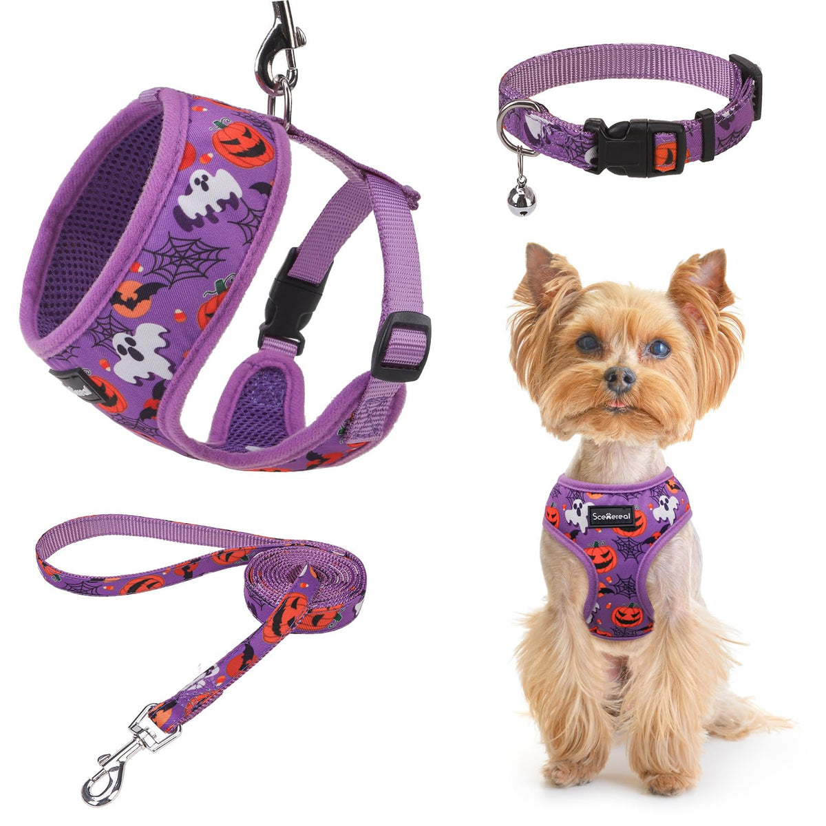 Scenereal Small Dog Harness Collar And Leash Set, Adjustable No Pull Pet Harnesses, No Chock Soft Mesh Step In Vest Halloween Co