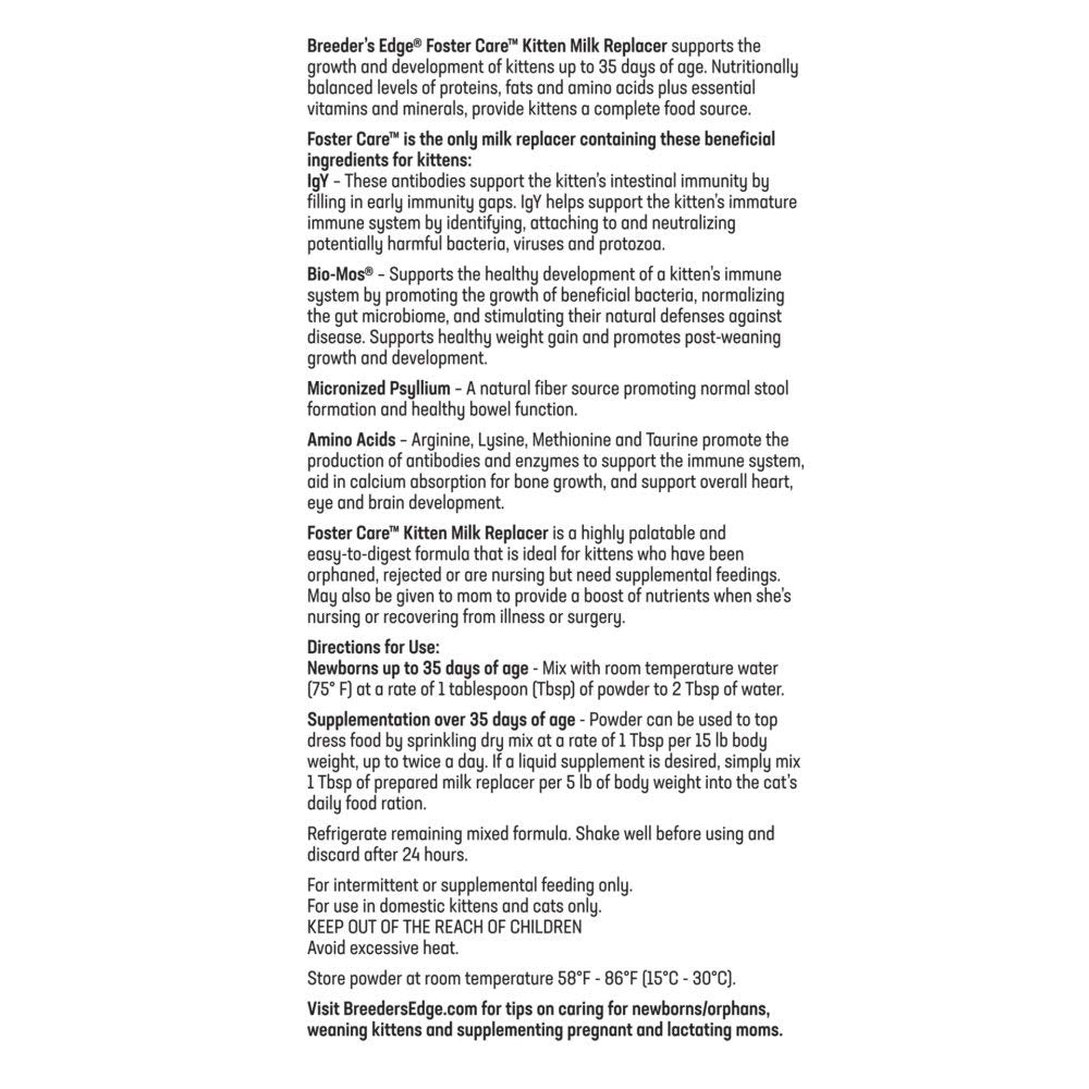 Breeders Edge Foster Care Feline - Powdered Milk Replacer - for Kittens & Cats - 4.5 LB
