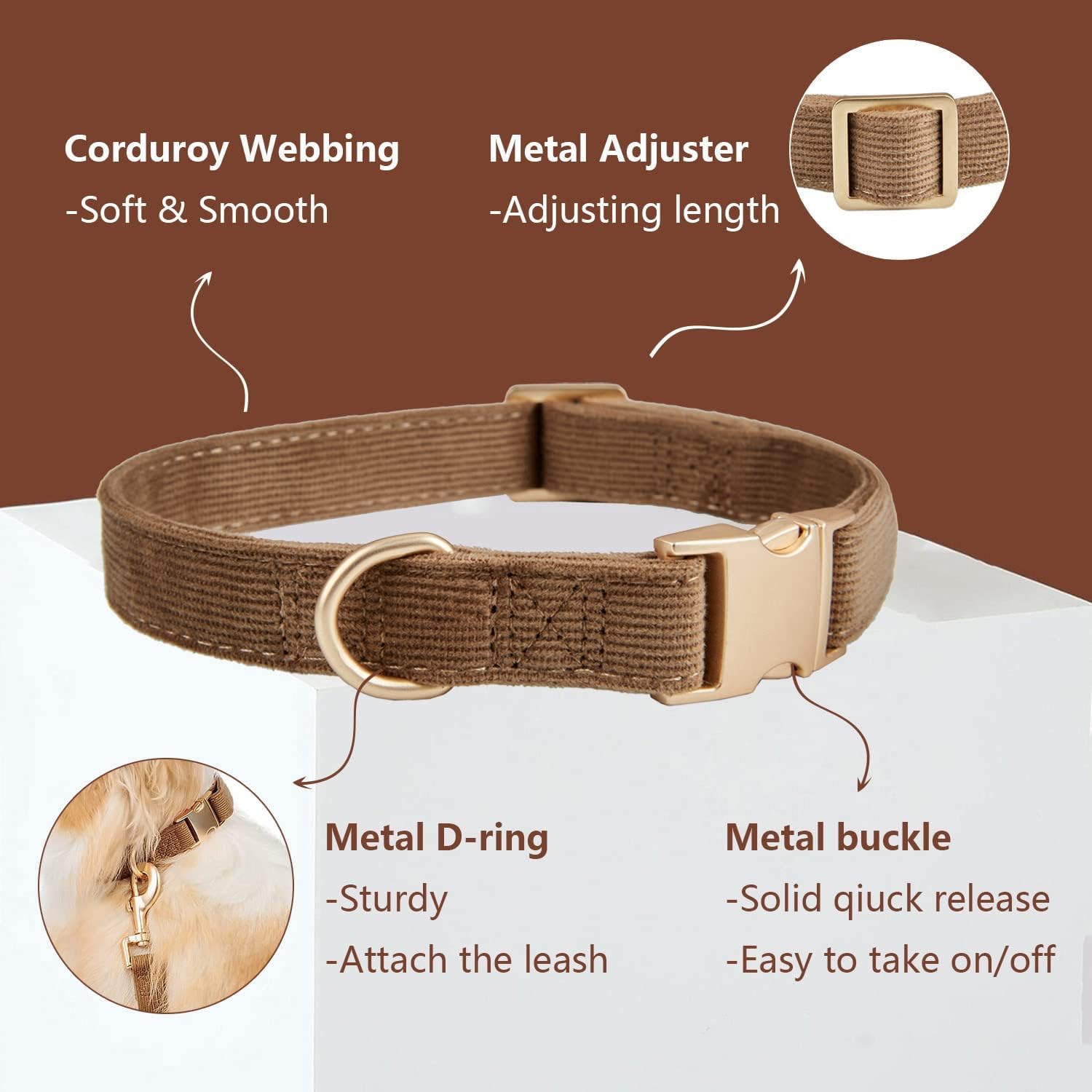 Ewinoom Soft Corduroy Dog Collar and Leash Set, Adjustable Cotton Dog Collars with Metal Buckle and Lead for Medium Dogs,Brown