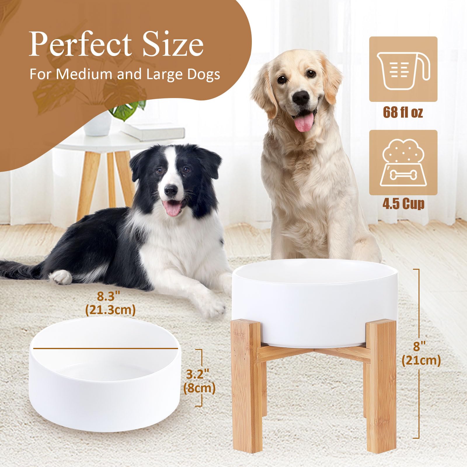 HCHLQLZ Raised Ceramic Dog Bowl - Large 8.3" W x 8" H, Heavy Weighted Dish with Bamboo Stand, White, 4.5 Cups