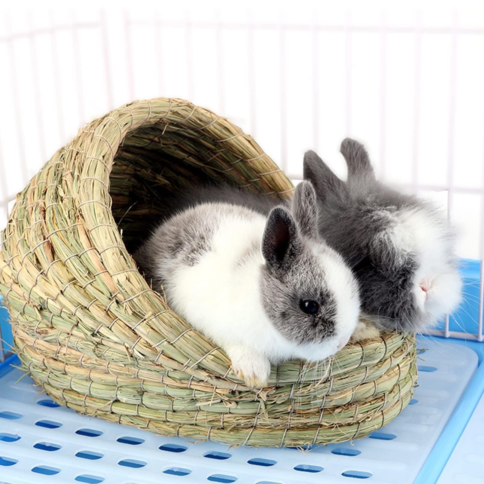Kathson Rabbit Grass House Bunny Woven Hay Bed Guinea Pig Hideout Hand Woven Natural Grass House For Hamster Bunny Guinea Pig And Small Animals With Hay Chew Balls Toys
