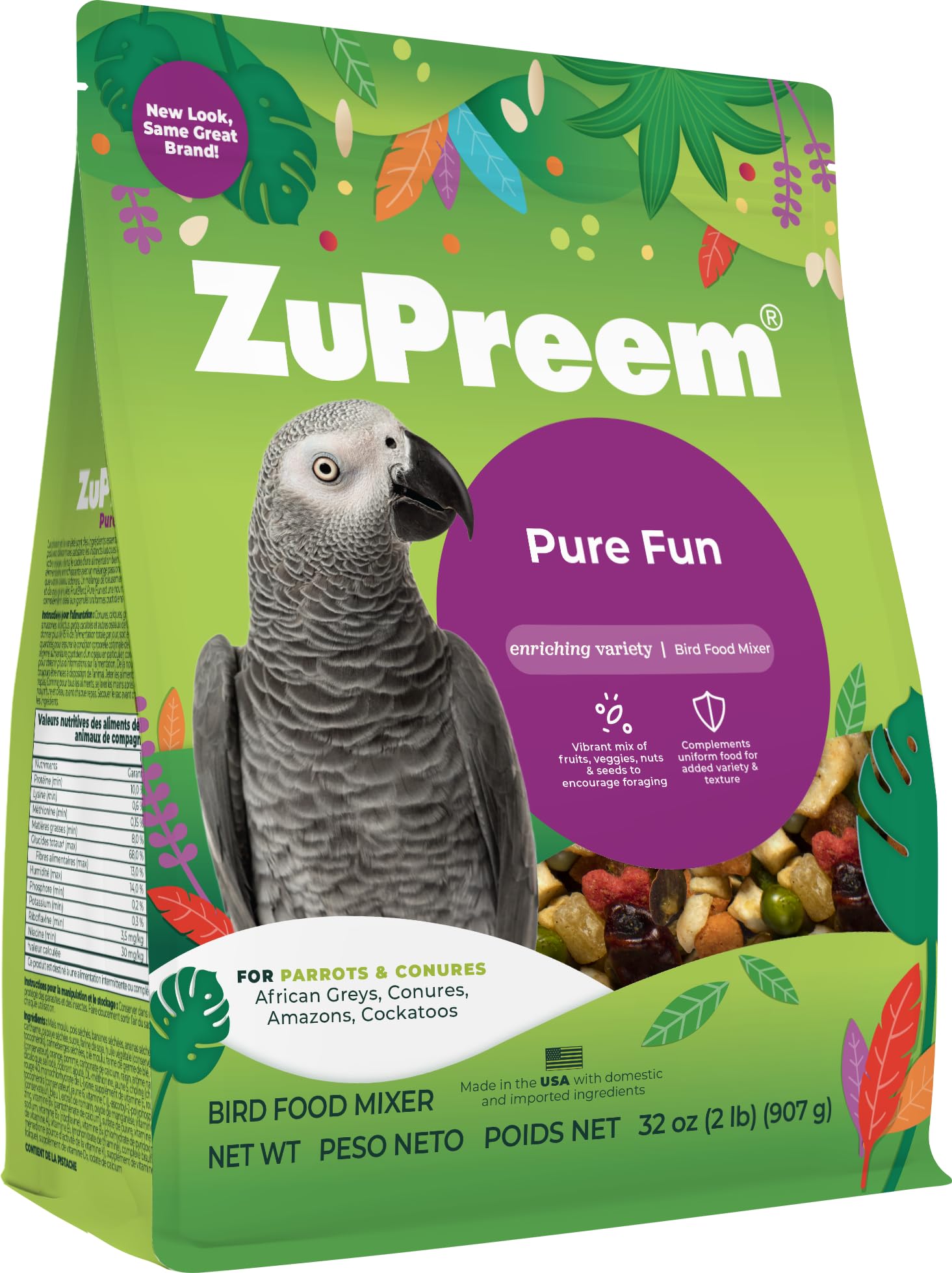 ZuPreem Pure Fun Bird Food, Parrot, Conure, Caique, African Grey, Eclectus, Small Cockatoo, Seed and Pellet Blend for Medium Lar