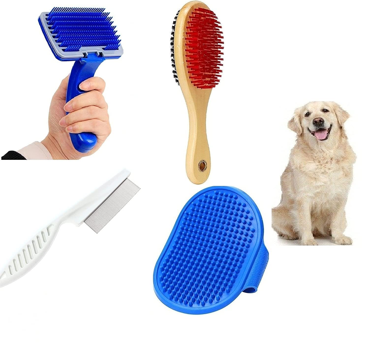 Woofy (Combo Of 4) Imported Pet Hair Flea Comb + Slicker + Wooden Brush + Bath Gloves Grooming Kit For All Pets Dog, Cat, Rabbit